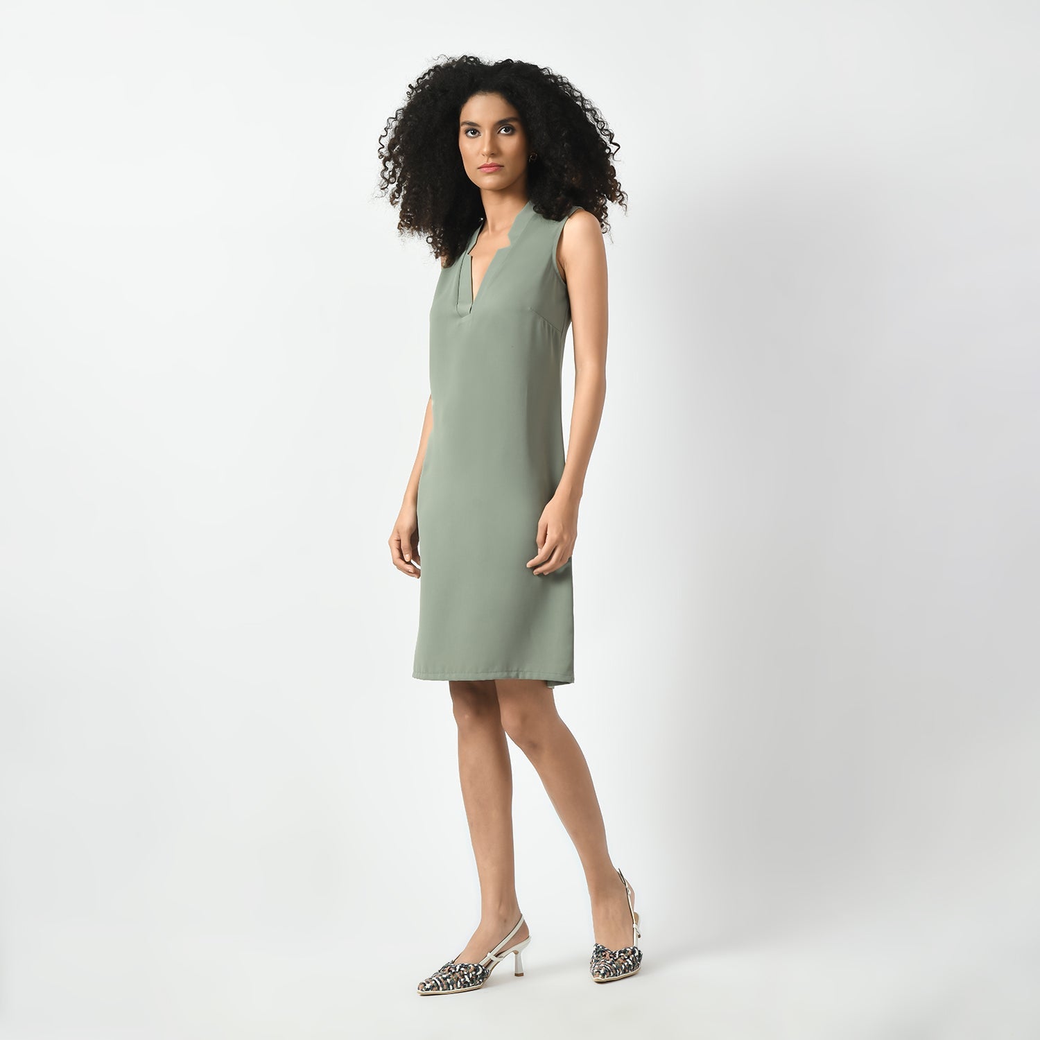 Office Wear Dusty Green Sleeveless V Neck Dresses for Women-1