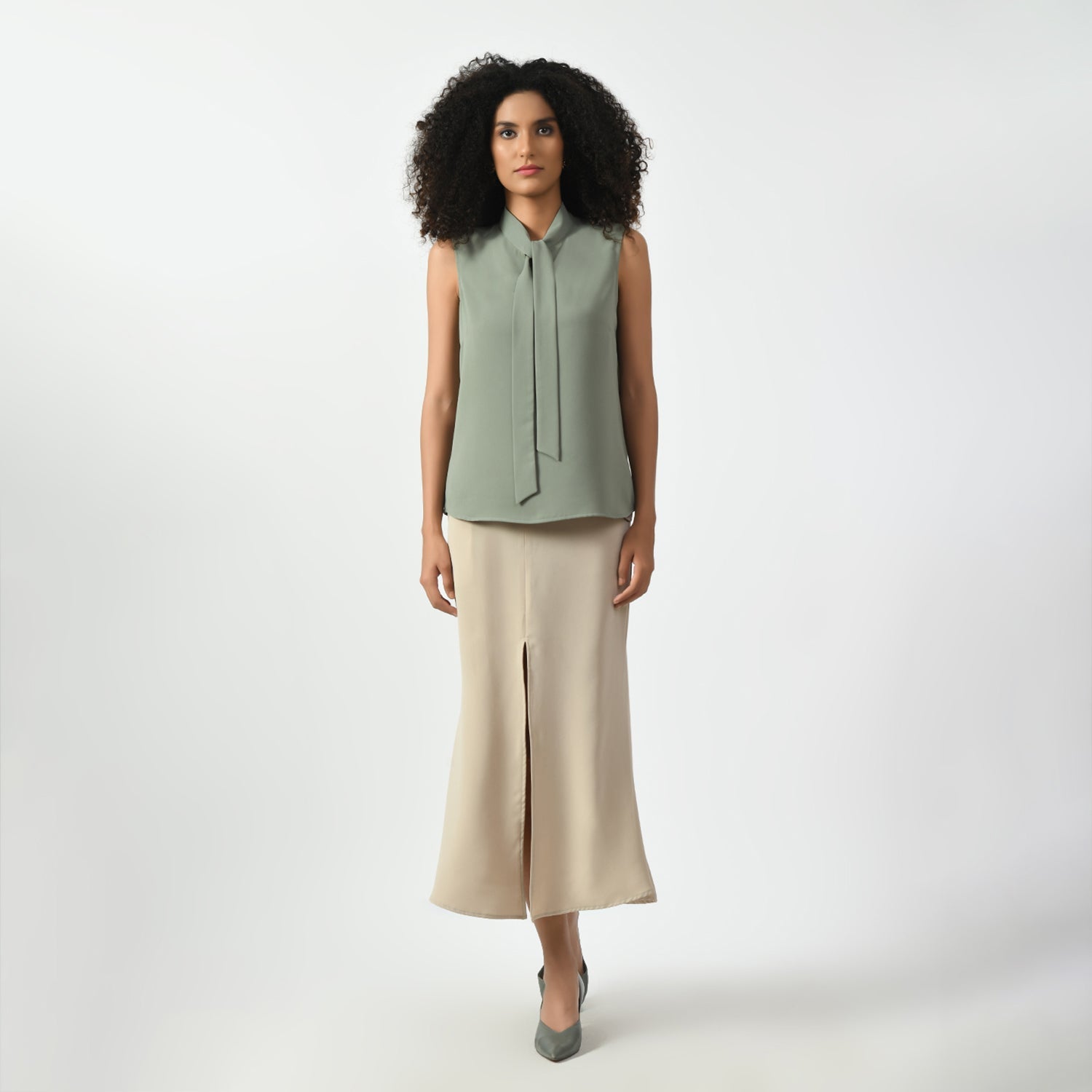 Dusty Green Sleeveless Top With Knot