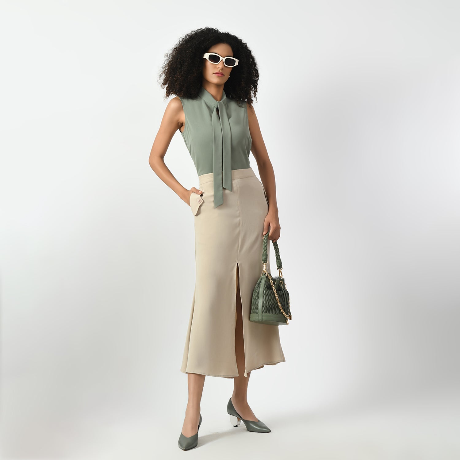 Dusty Green Sleeveless Top With Knot