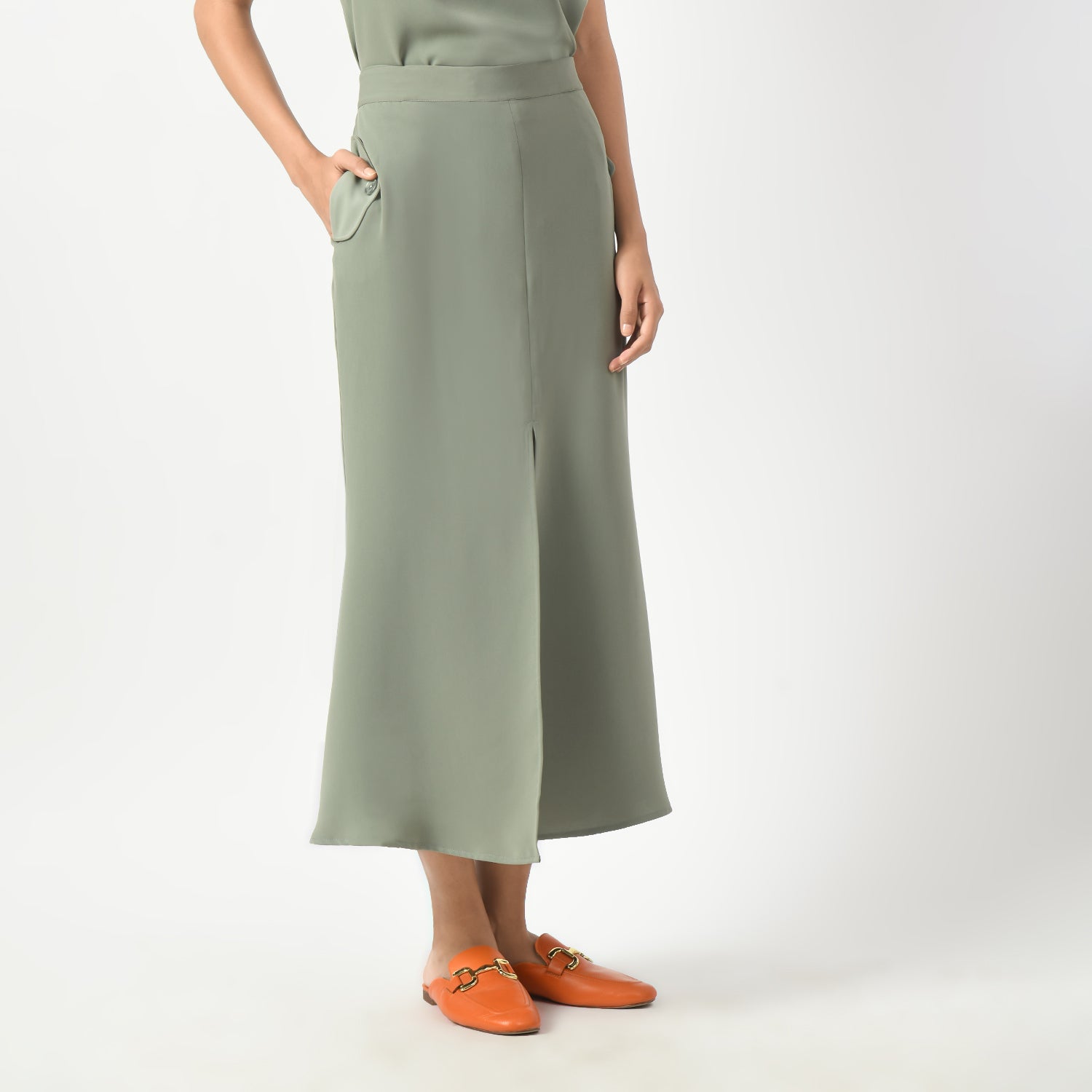 Dusty Green Fish Cut Skirt With Front Slit