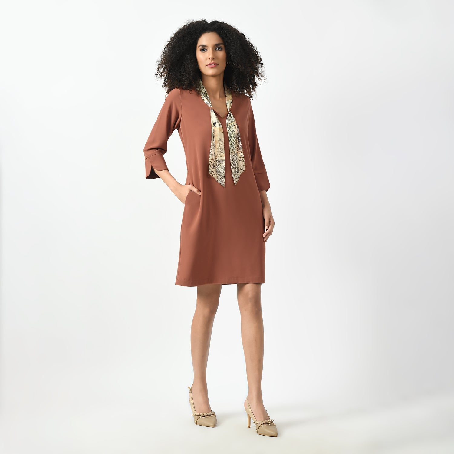 Peach Dress With Tie Knot Collar