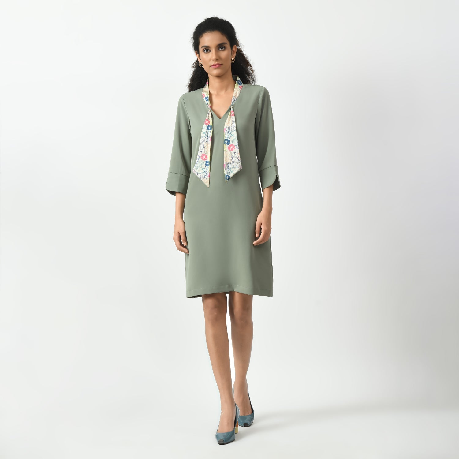 Dusty Green Dress With Tie Knot Collar