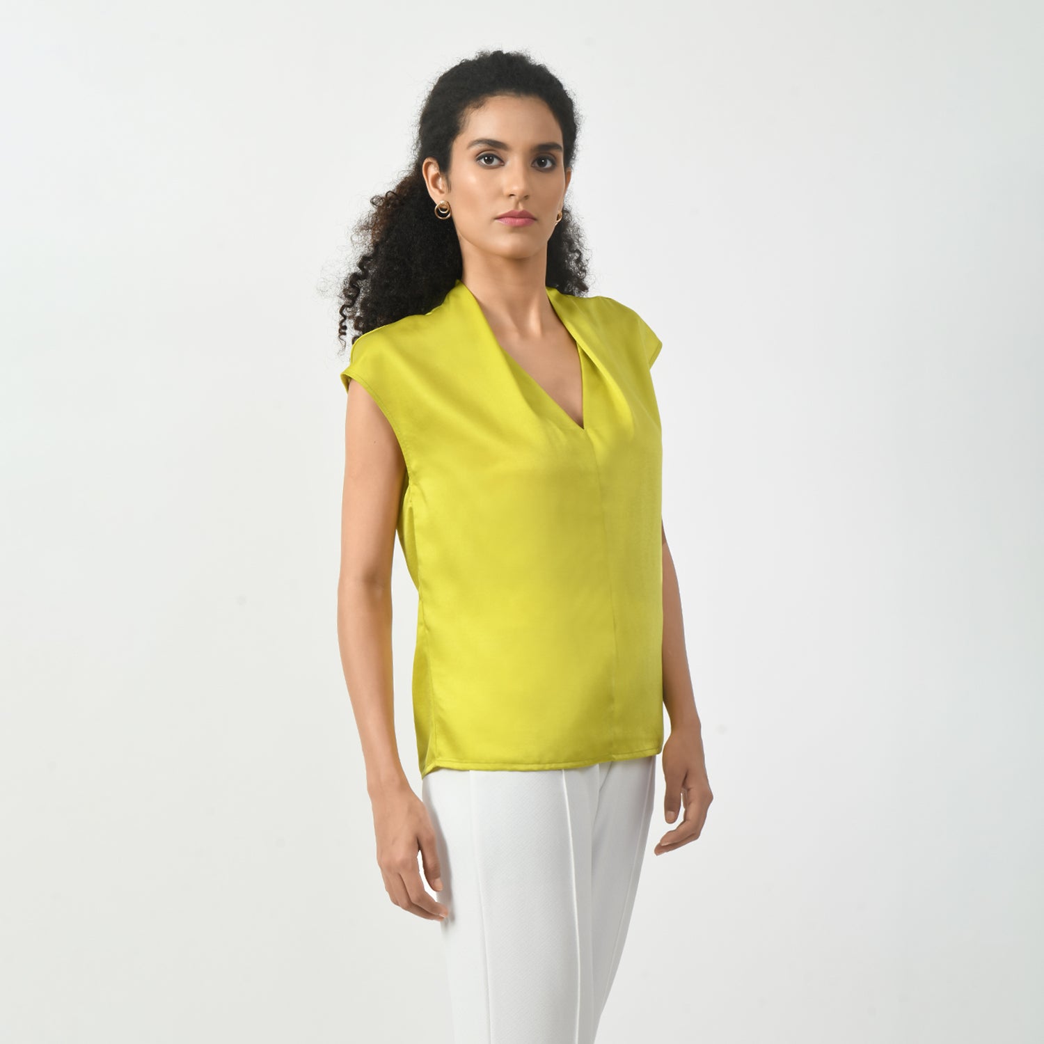 Olive Satin V Neck Top