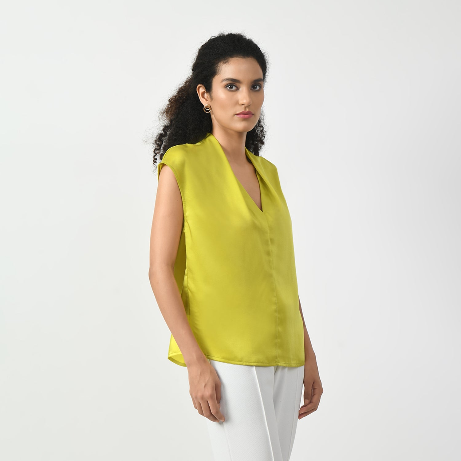 Olive Satin V Neck Top