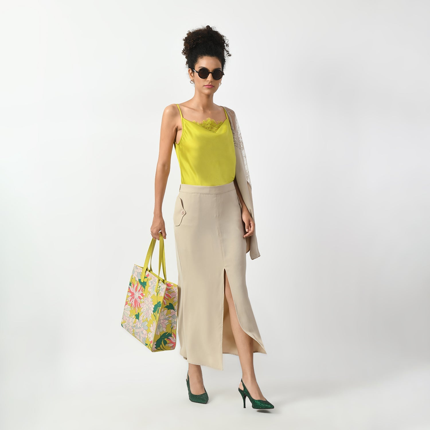 Olive Cowl Spaghetti Top With Lace