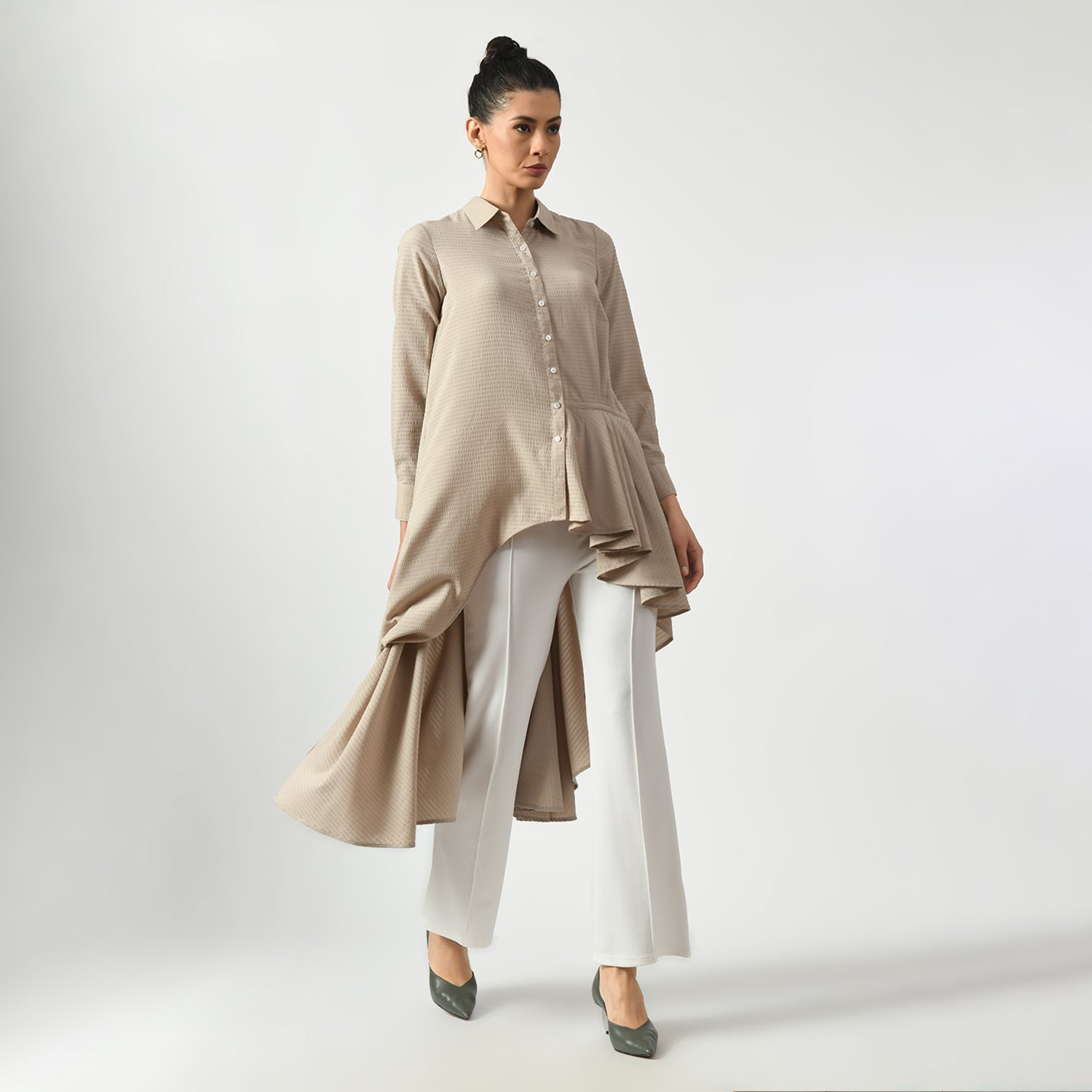 Beige Line Texture Long Tunic for Women -2