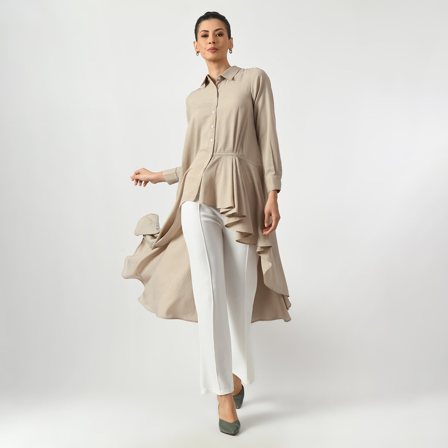Beige Line Texture Long Tunic for Women -7
