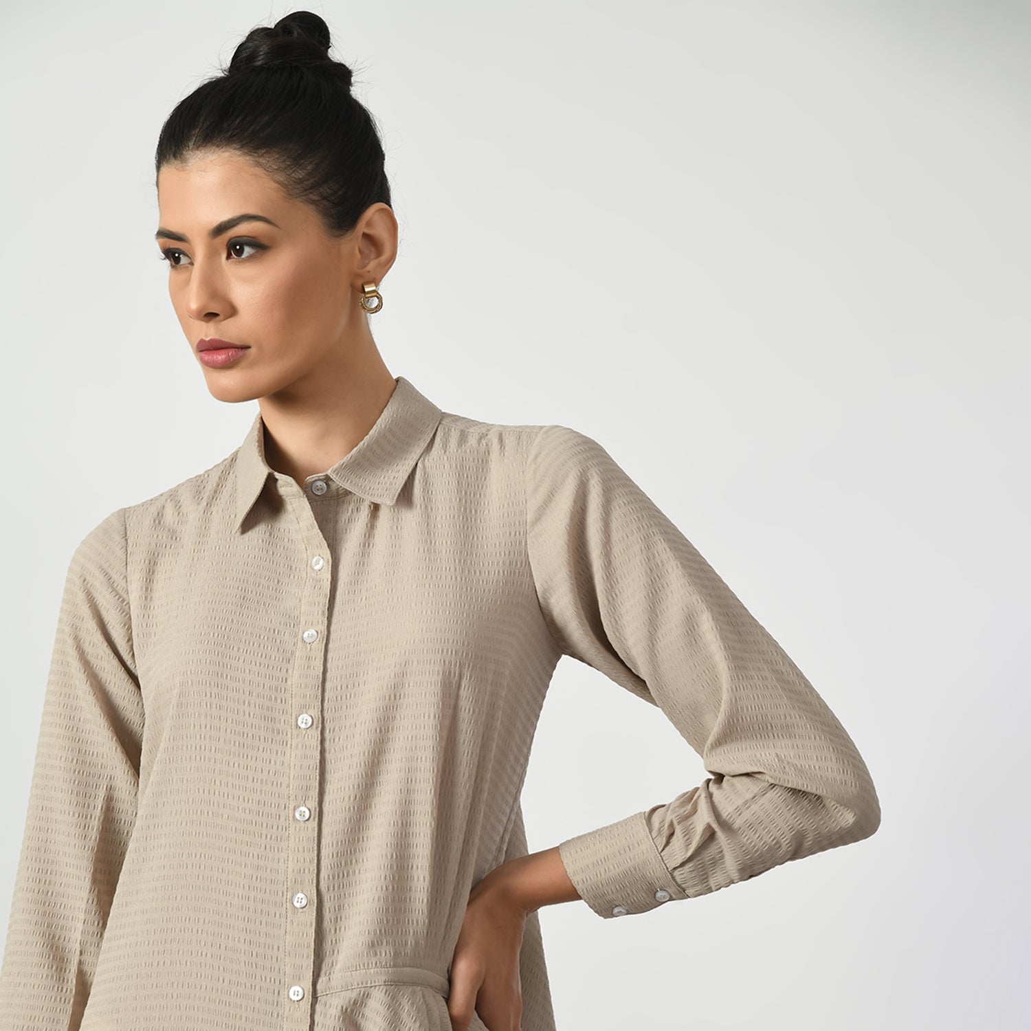 Beige Line Texture Long Tunic for Women -4
