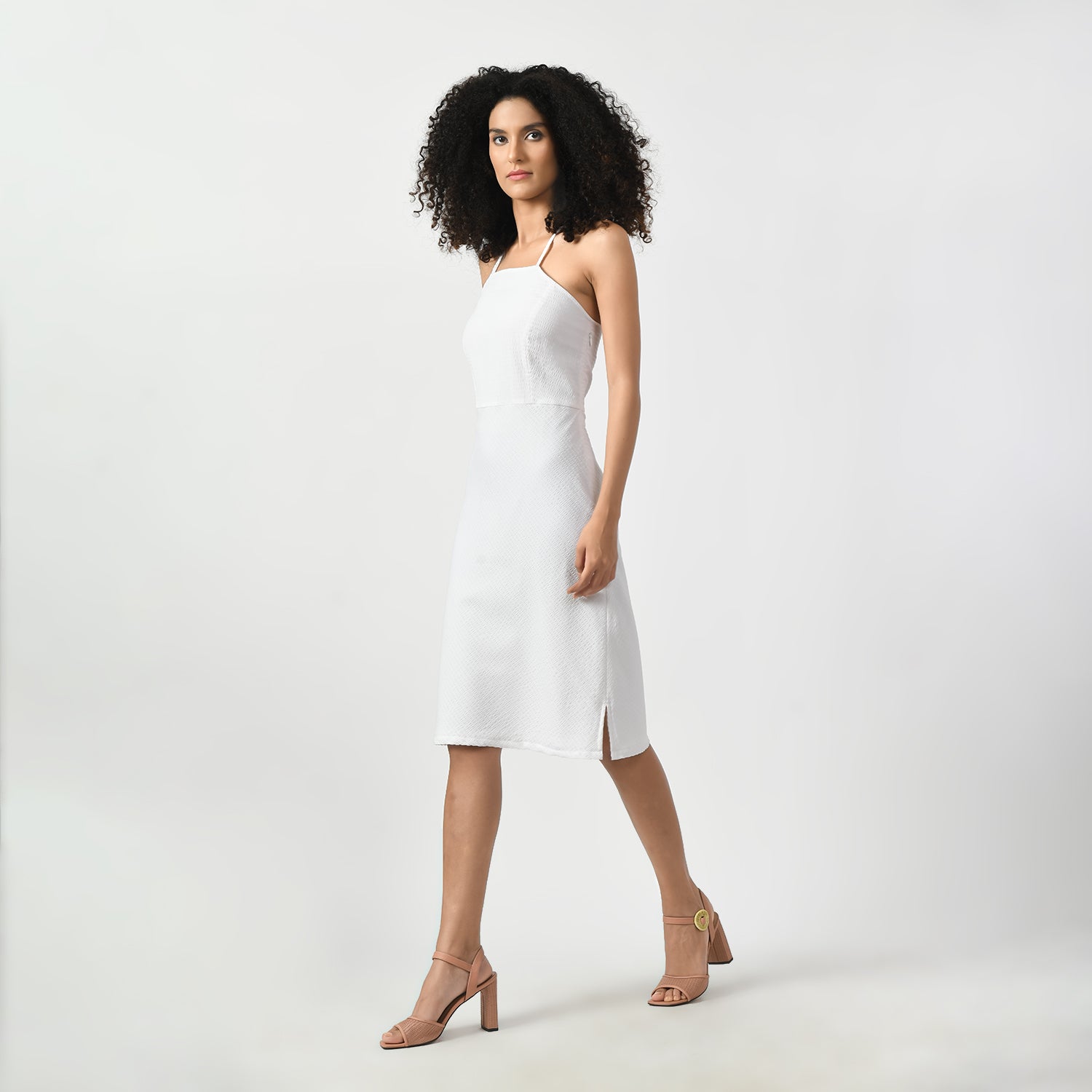 White Texture Halter Office Wear Dresses for Women-1
