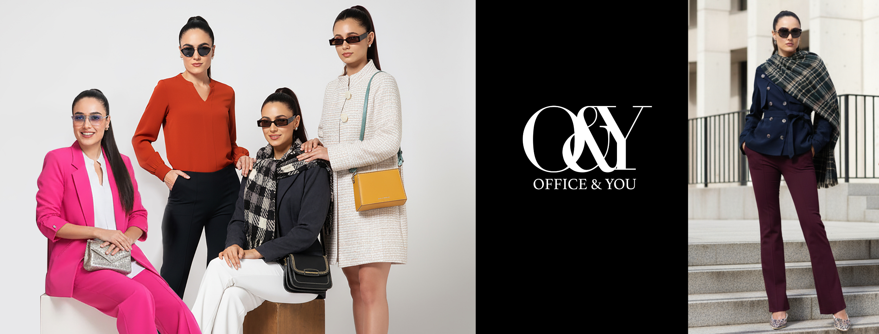 Promotional banner for Q&Y Office & You featuring women in stylish outfits with sunglasses and a prominent brand logo.
