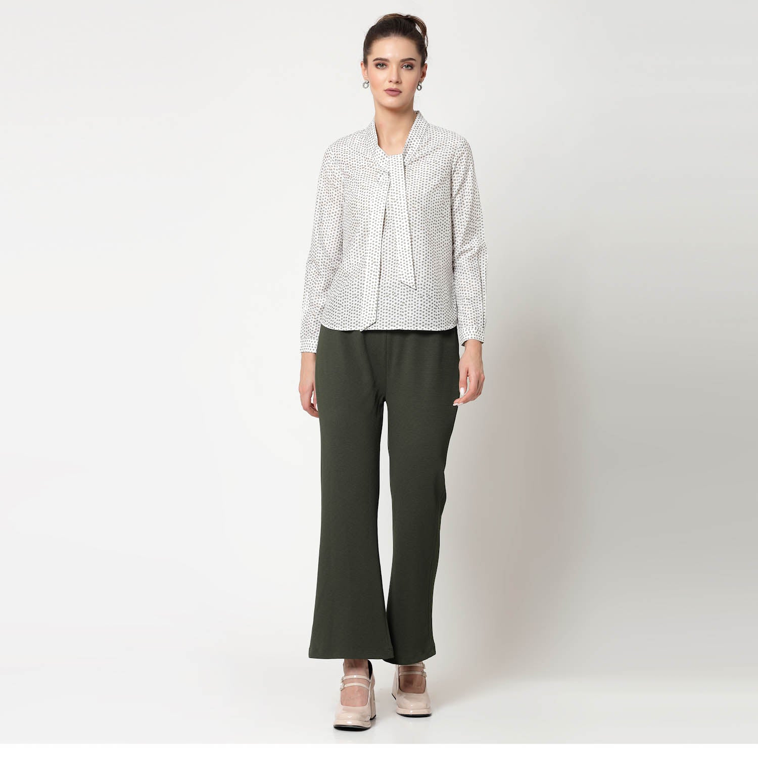 White & Olive Polka Top With Tie Knot, formal tops for women
tops for women stylish
office dress for women
stylish tops for women