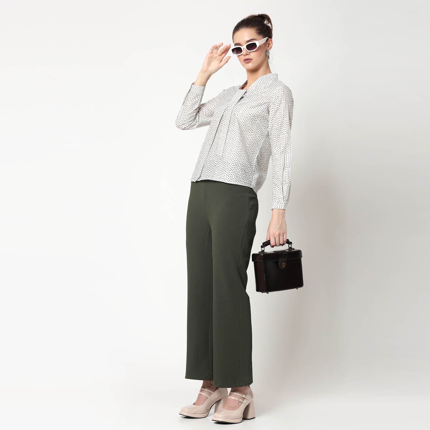 White & Olive Polka Top With Tie Knot, formal tops for women
tops for women stylish
office dress for women
stylish tops for women