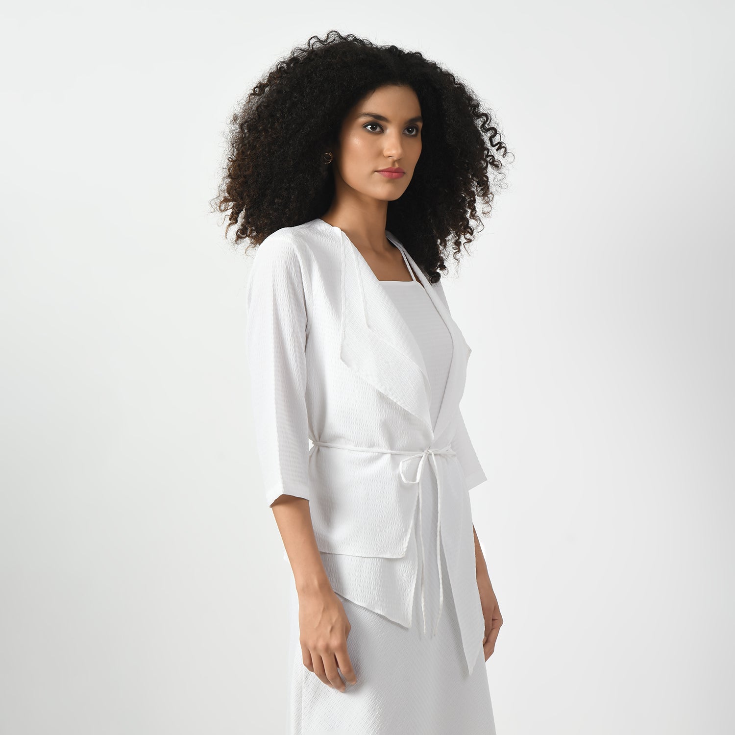 White Textured Wrap Jacket for Women-1
