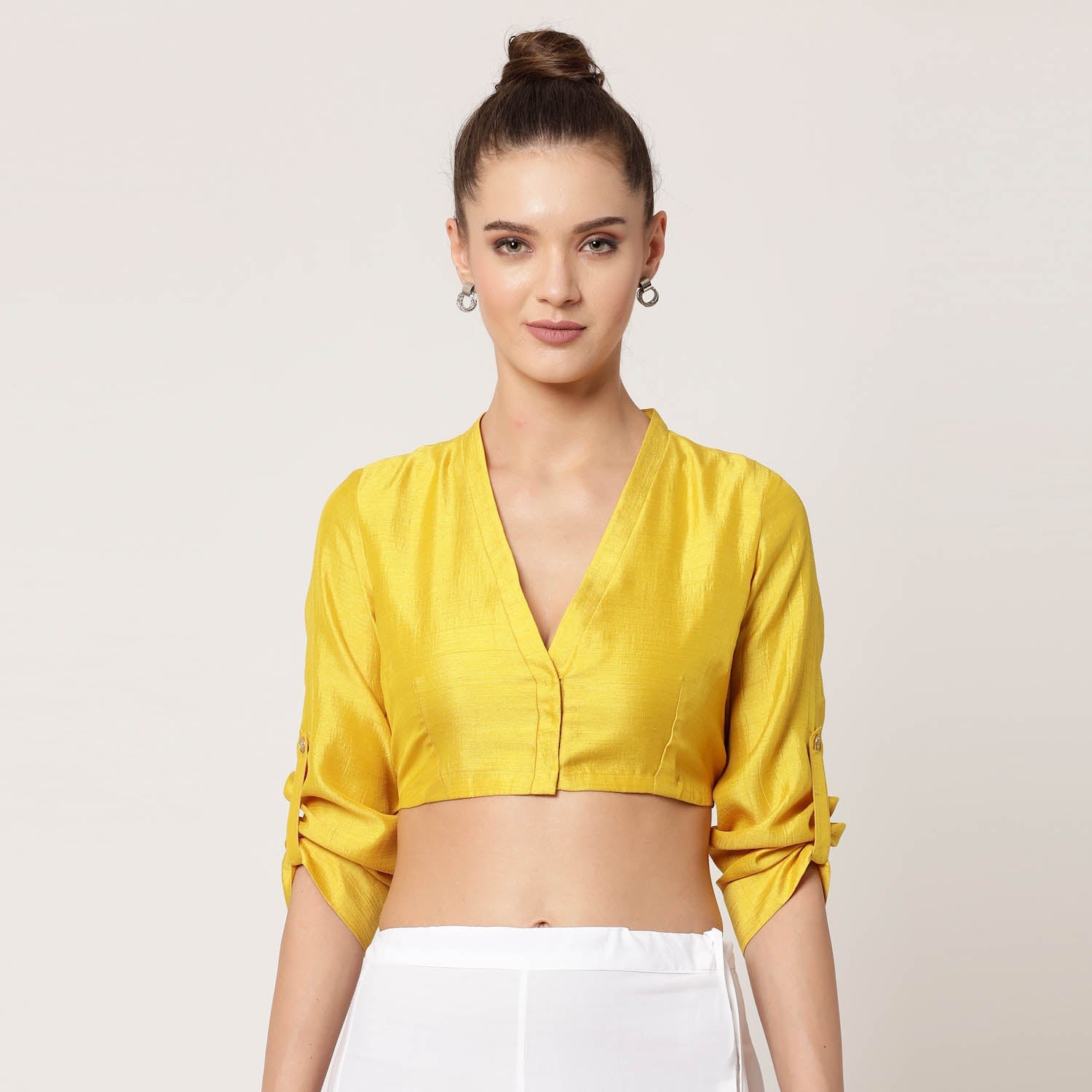Yellow Silk Blouse With Turn-Up Sleeves, Stylish Blouses for Sarees—Perfect for Office Wear