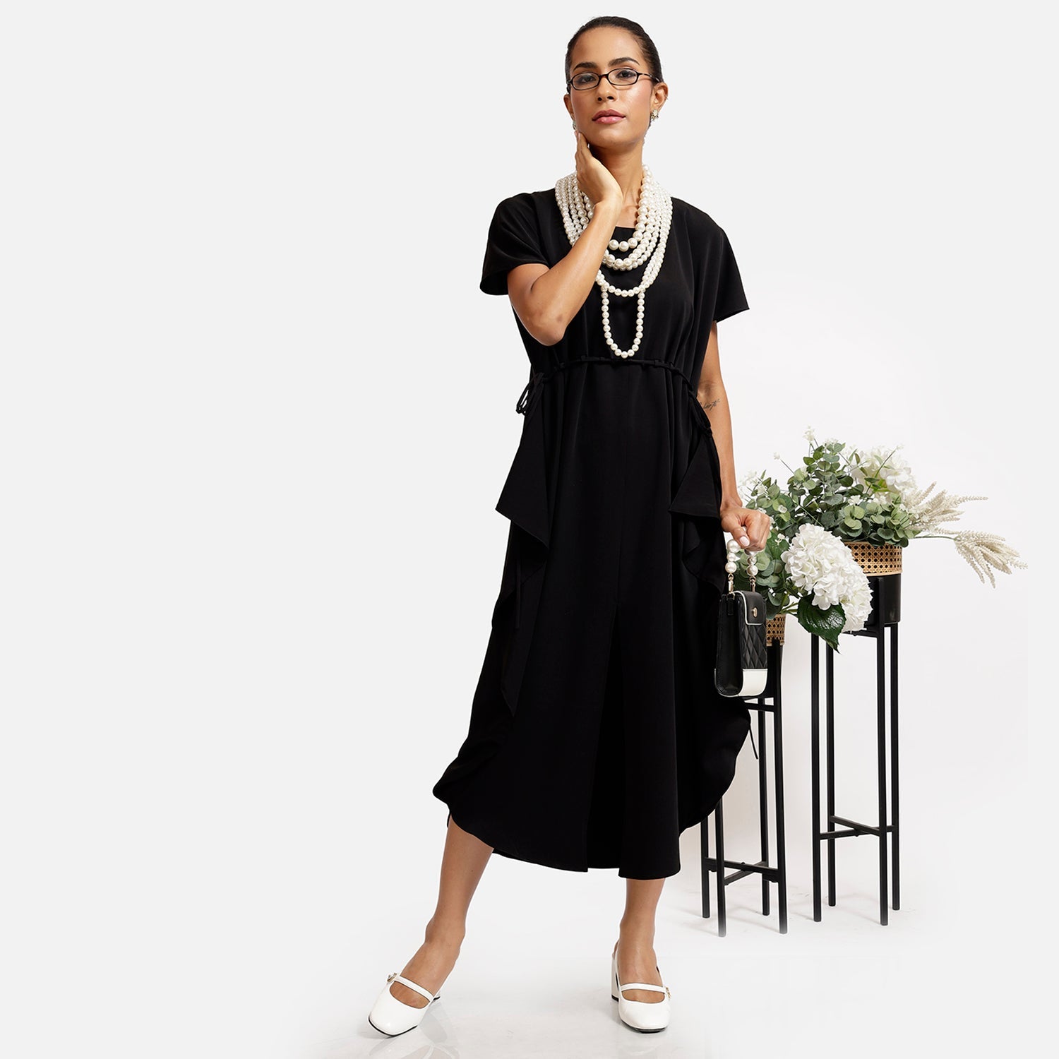 Black Crepe Front Draw String Dresses for Women Office Wear