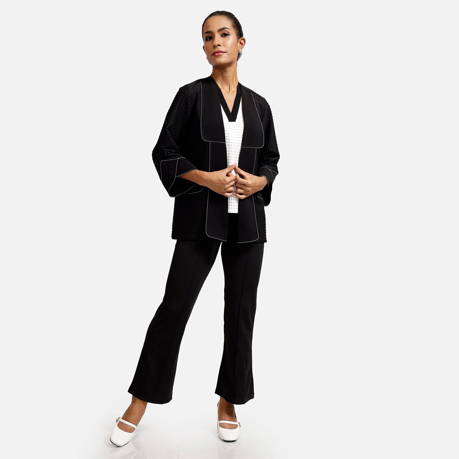 Black Textured Jacket With Contrast Top Stitch