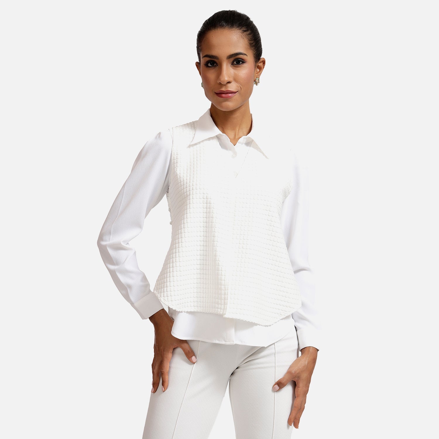 White Texture Line Without Sleeve Top With White Shirt