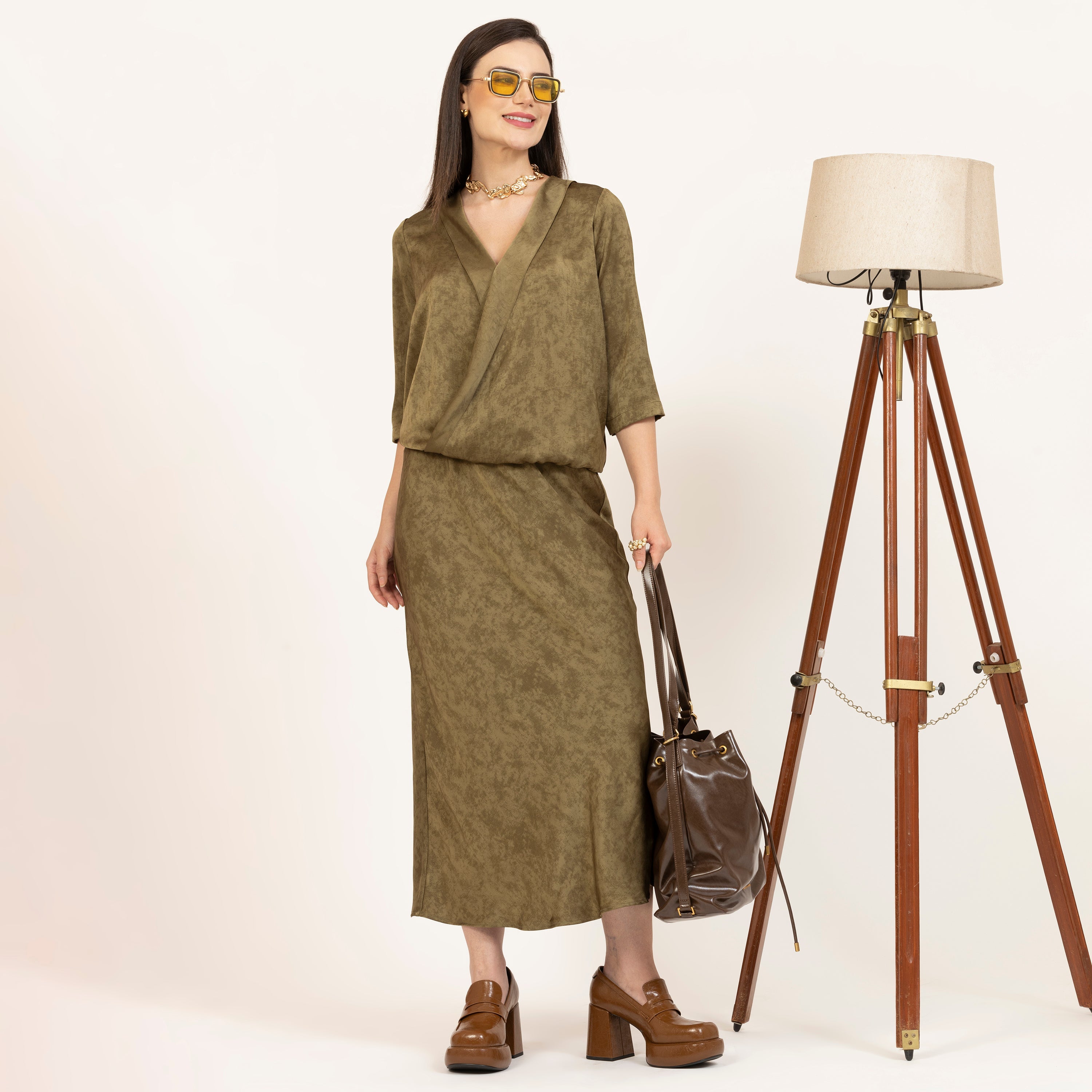 Olive Green Bias Satin Skirt