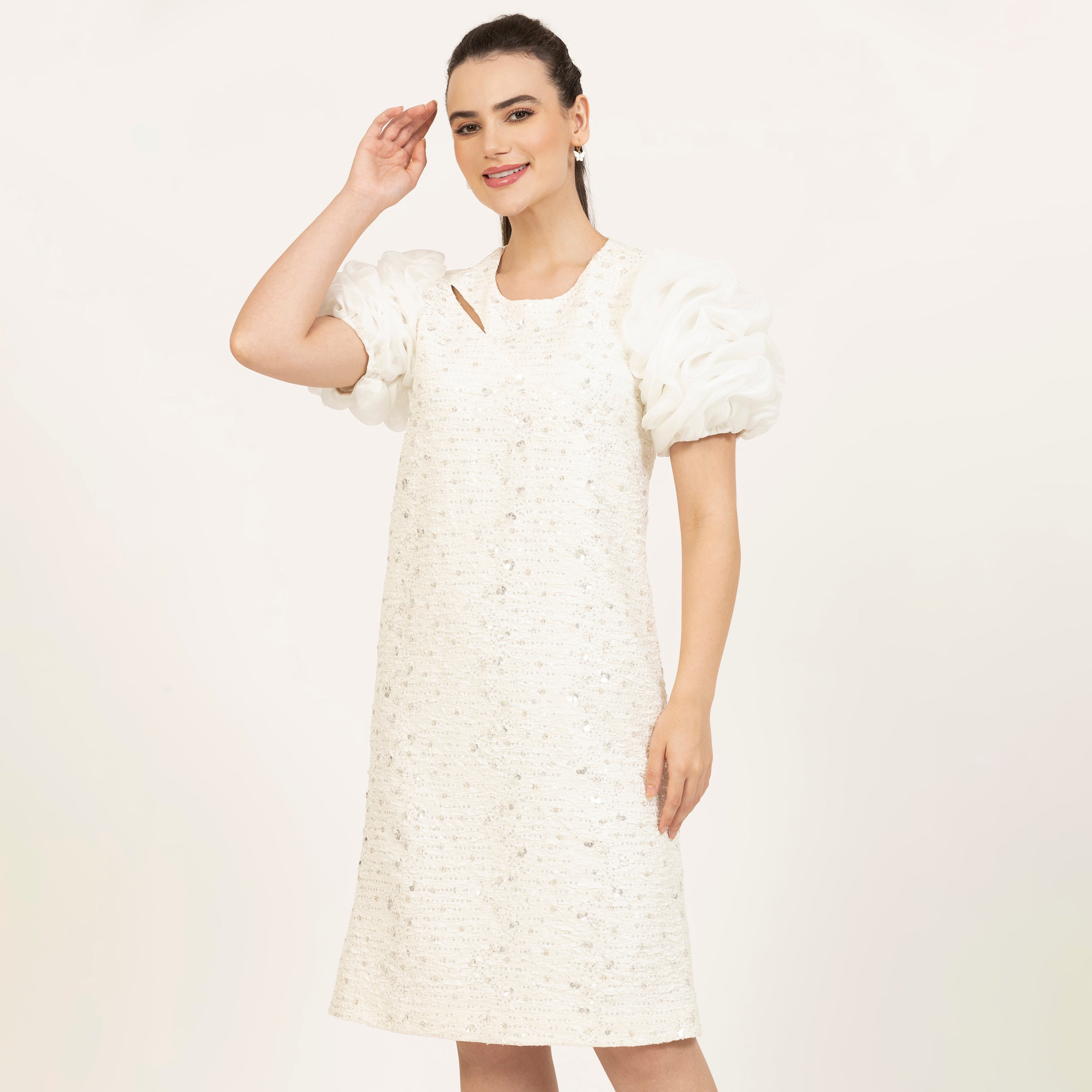 Off-White Bubble Sleeves Work Wear Dresses for Ladies-1