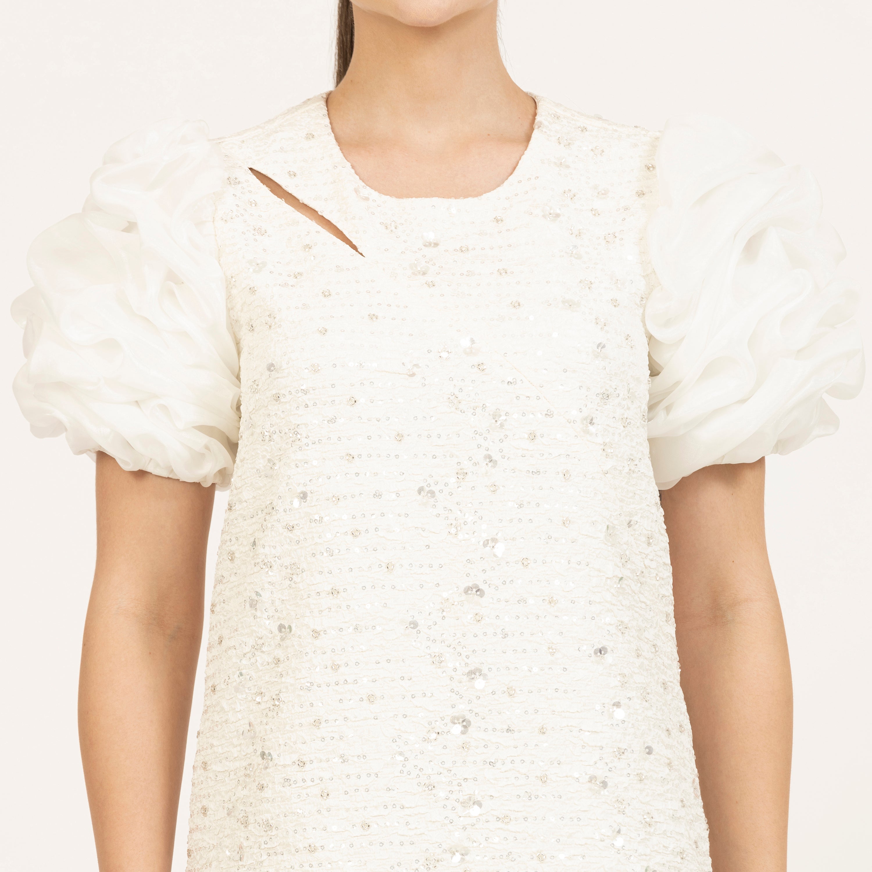 Off-White Bubble Sleeves Work Wear Dresses for Ladies-3