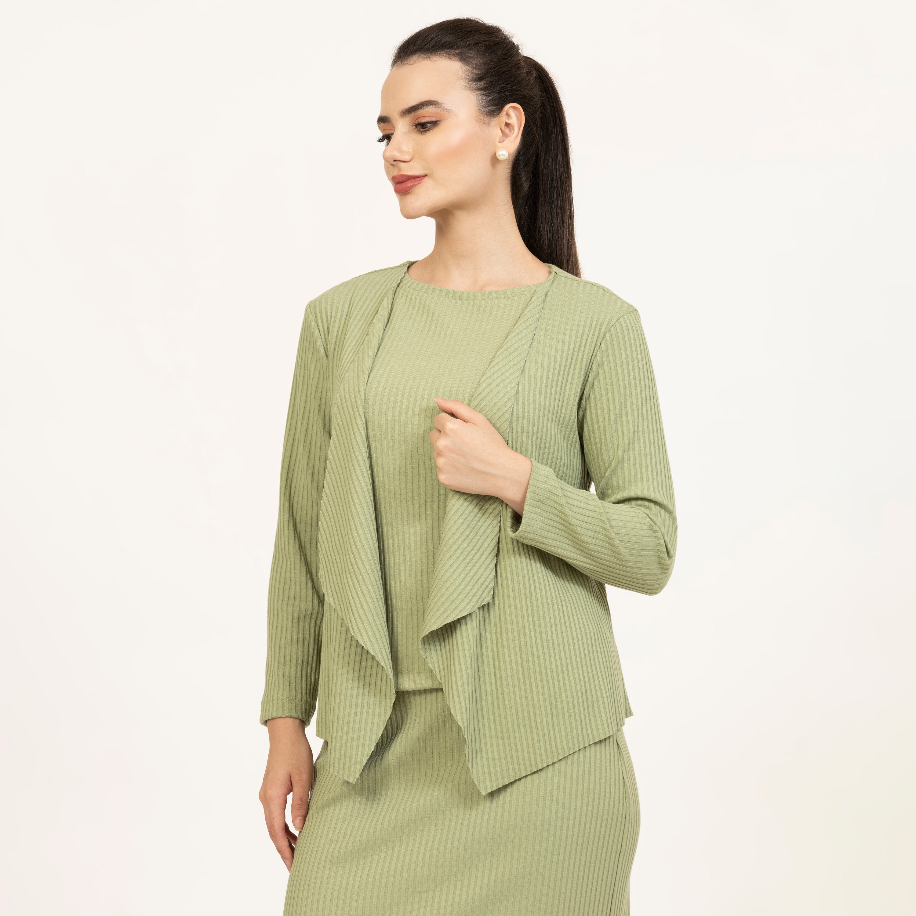 Green Ribbed Shrug for Women-1