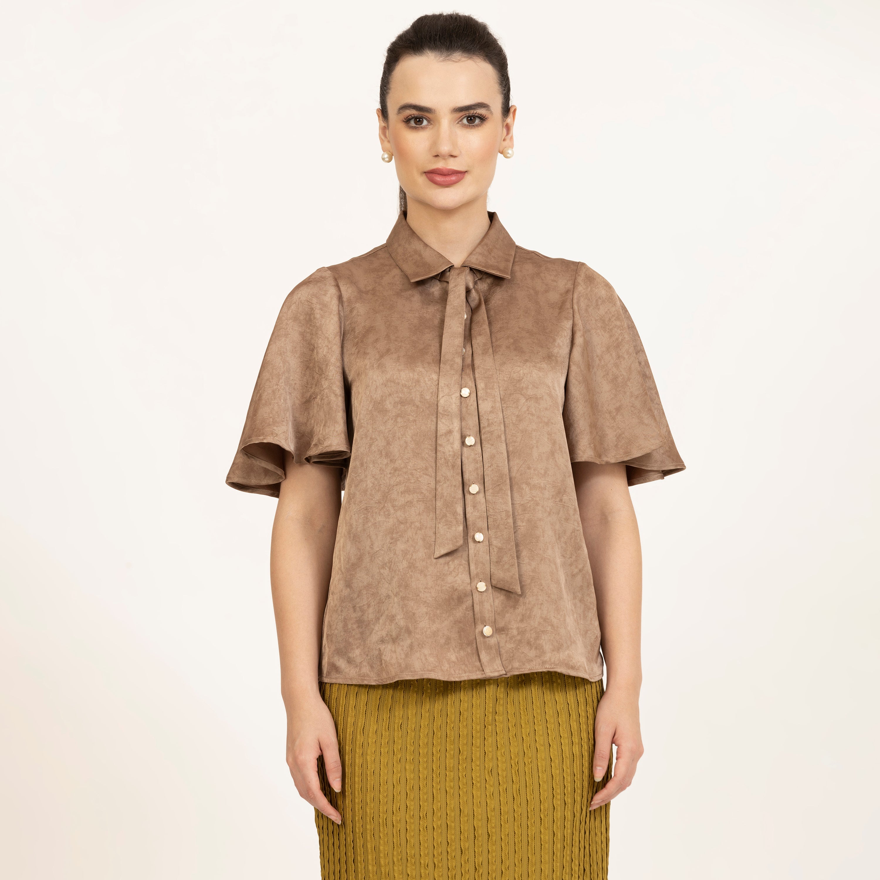 Brown Satin Top With Bell Sleeves