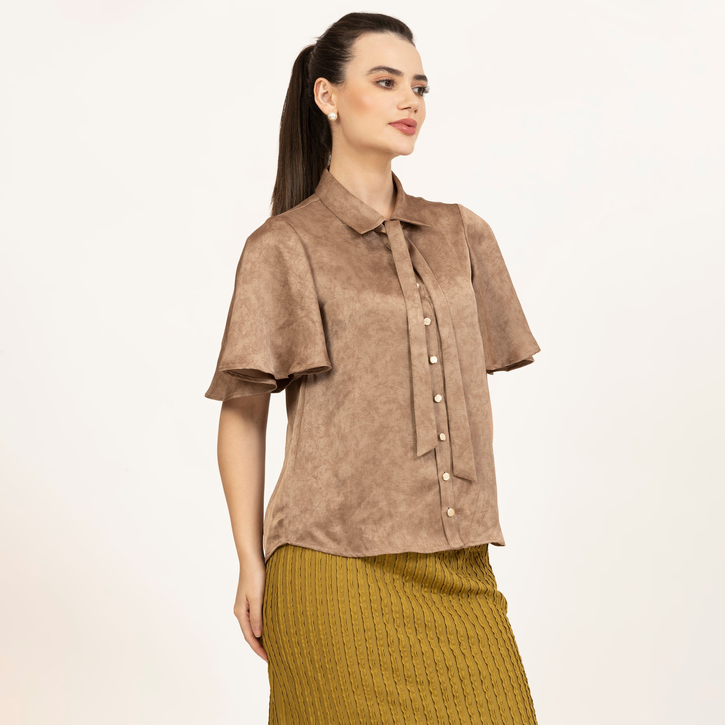 Brown Satin Top With Bell Sleeves