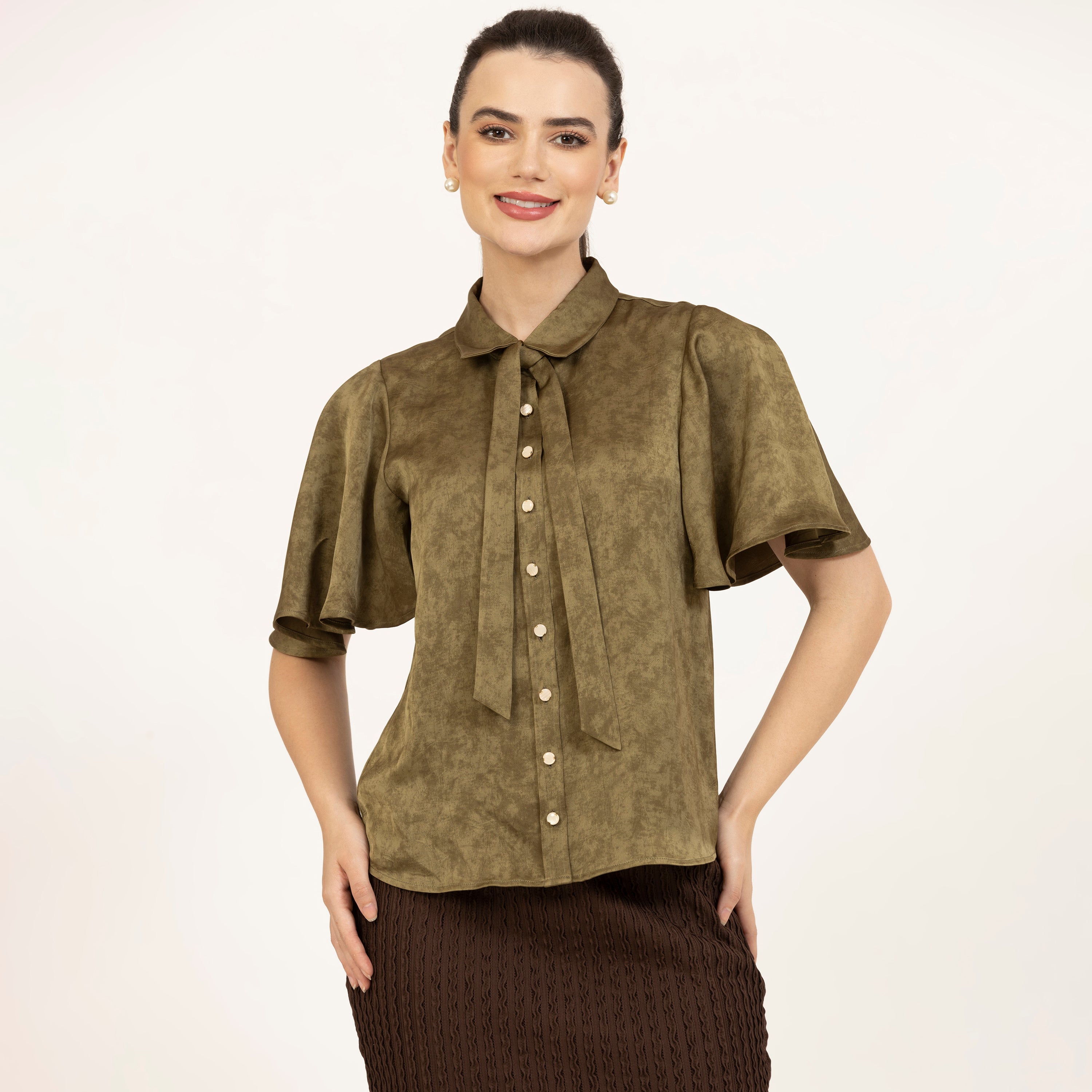 Olive Green Satin Top With Bell Sleeves