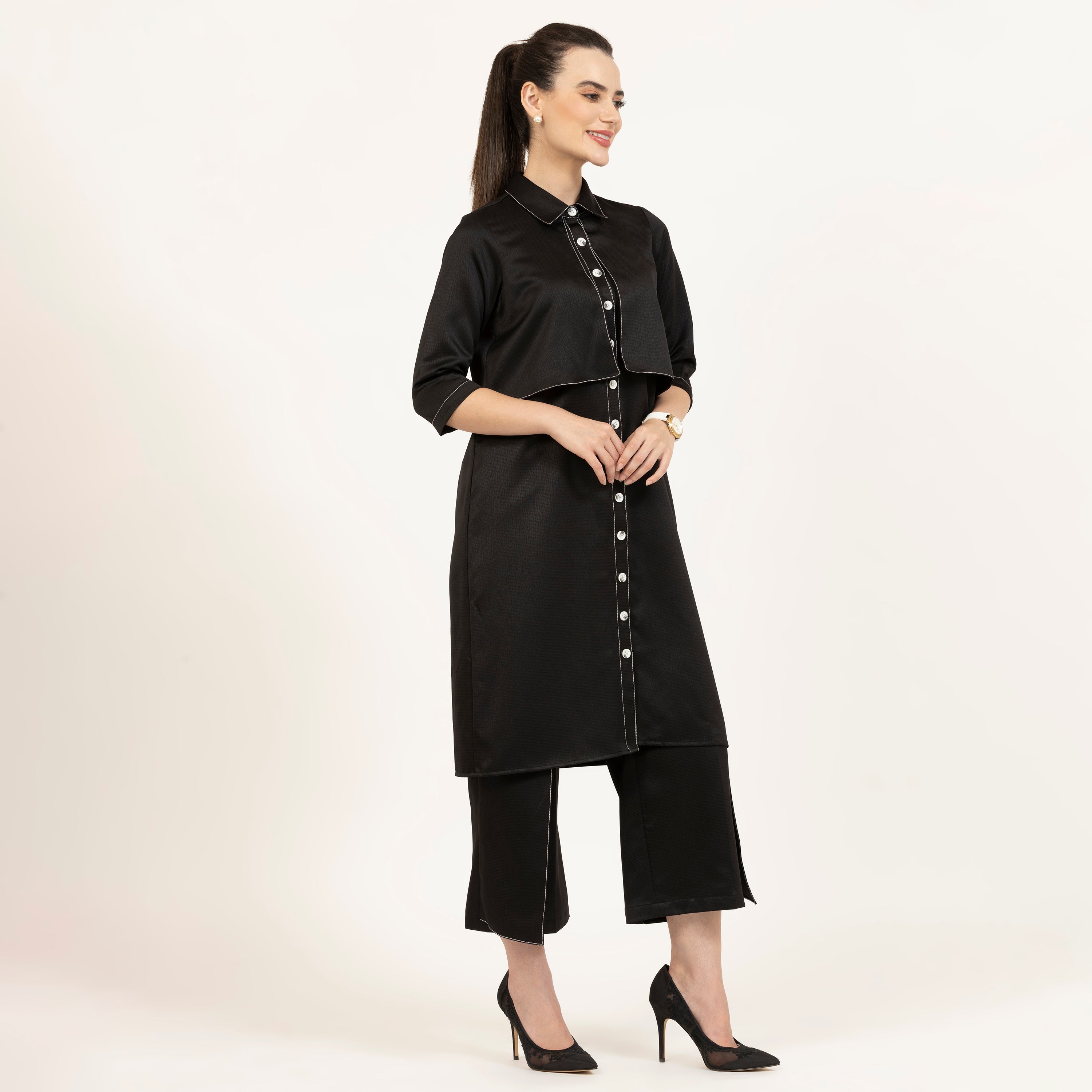 Black Texture Satin Flap Dresses for Women-1