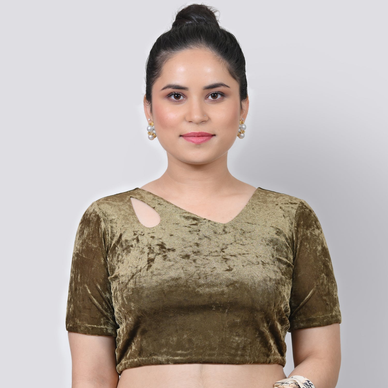 Olive Green Velvet Blouse With Keyhole