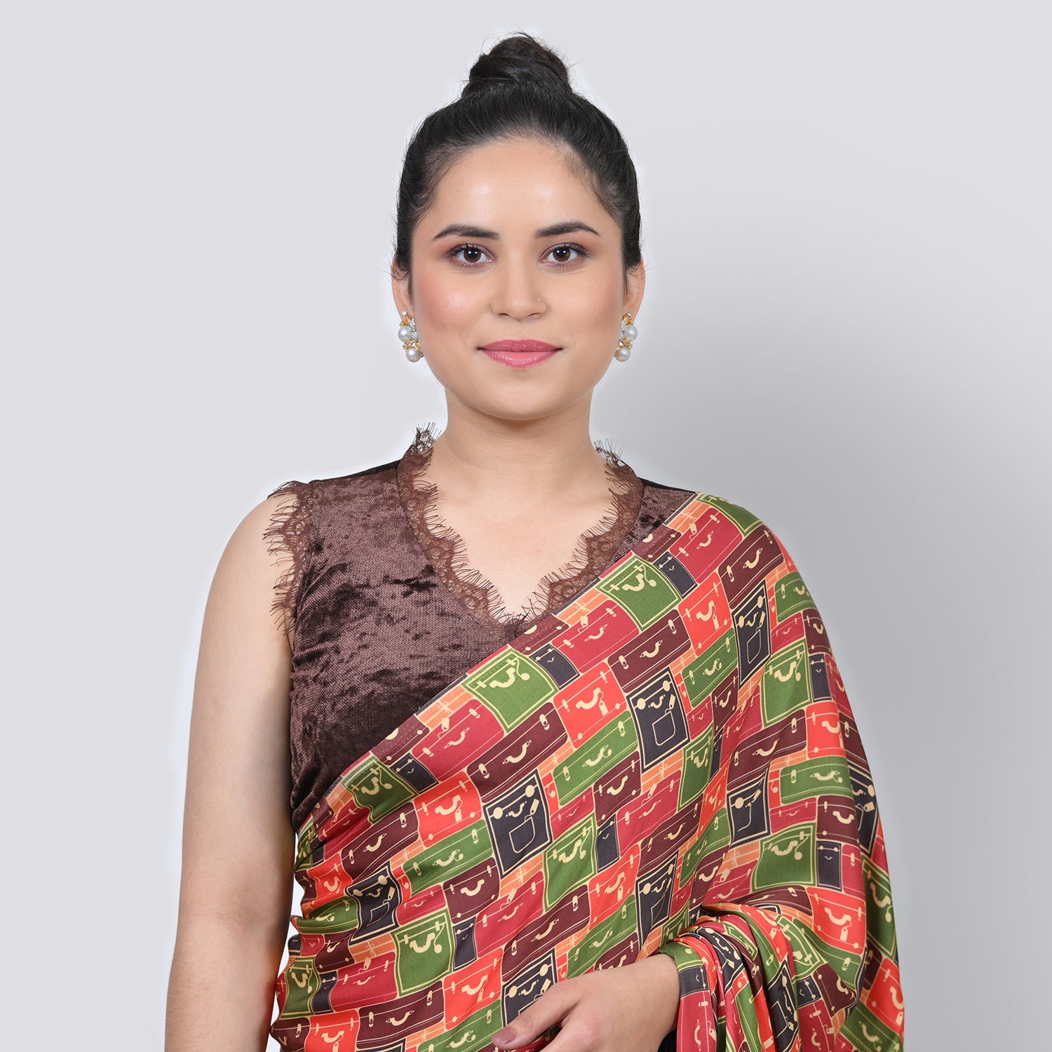 Brown Velvet V Neck Without Sleeves Blouse