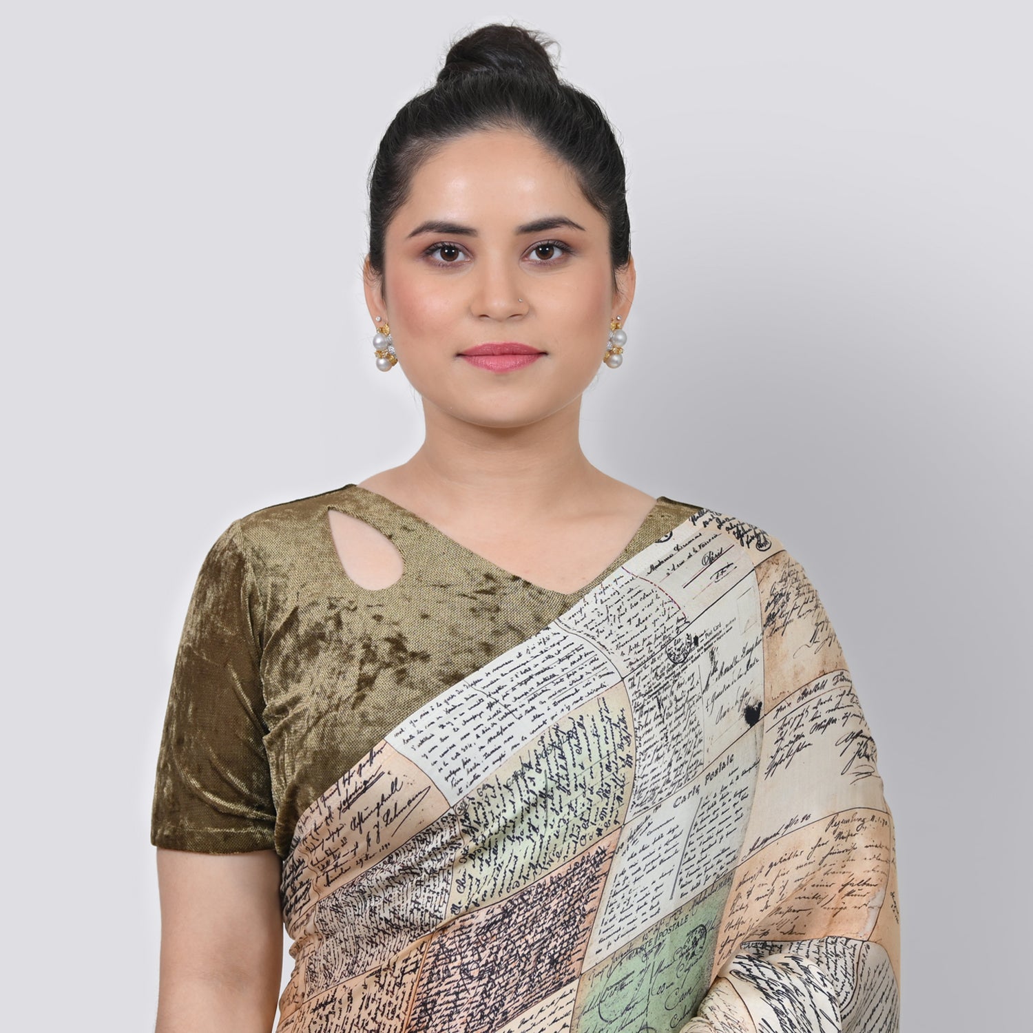 Olive Green Velvet Blouse With Keyhole