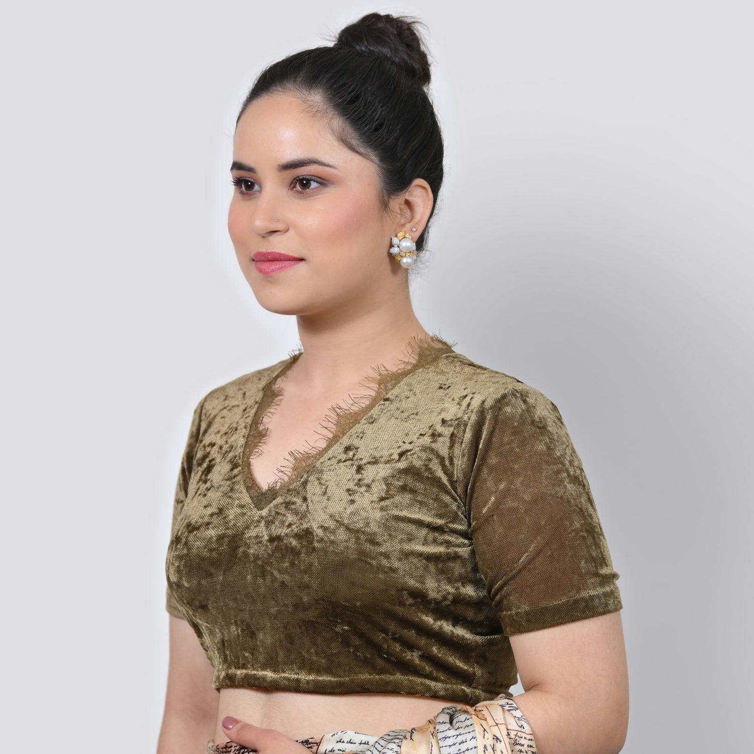 Olive Green Velvet Blouse With Lace