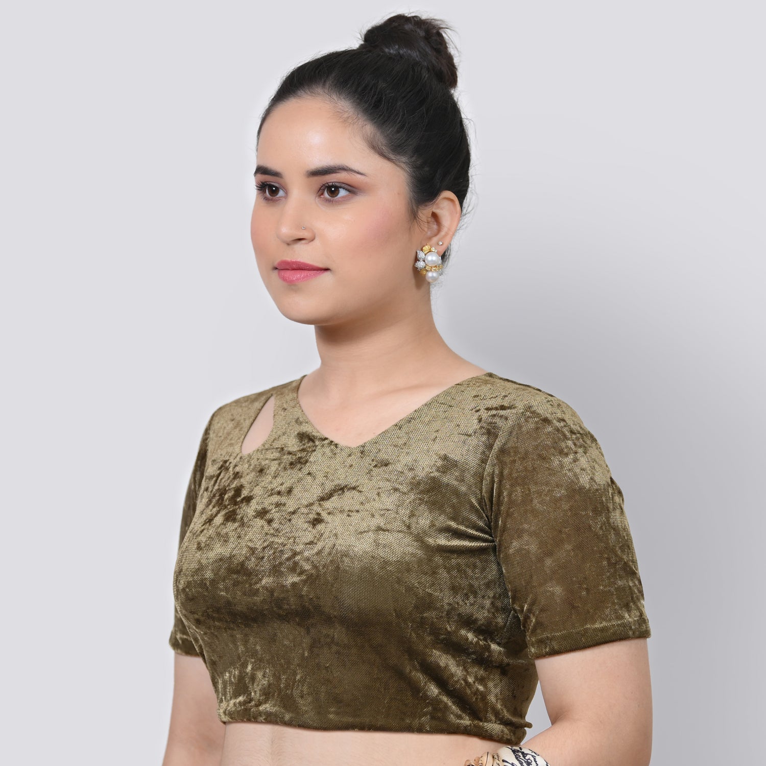 Olive Green Velvet Blouse With Keyhole