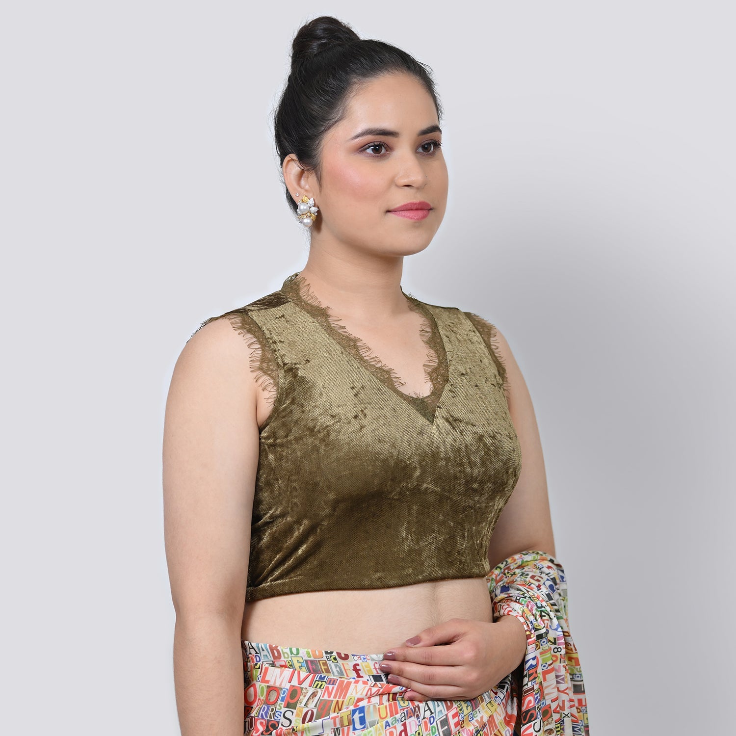 Green Velvet V Neck Without Sleeves Blouse