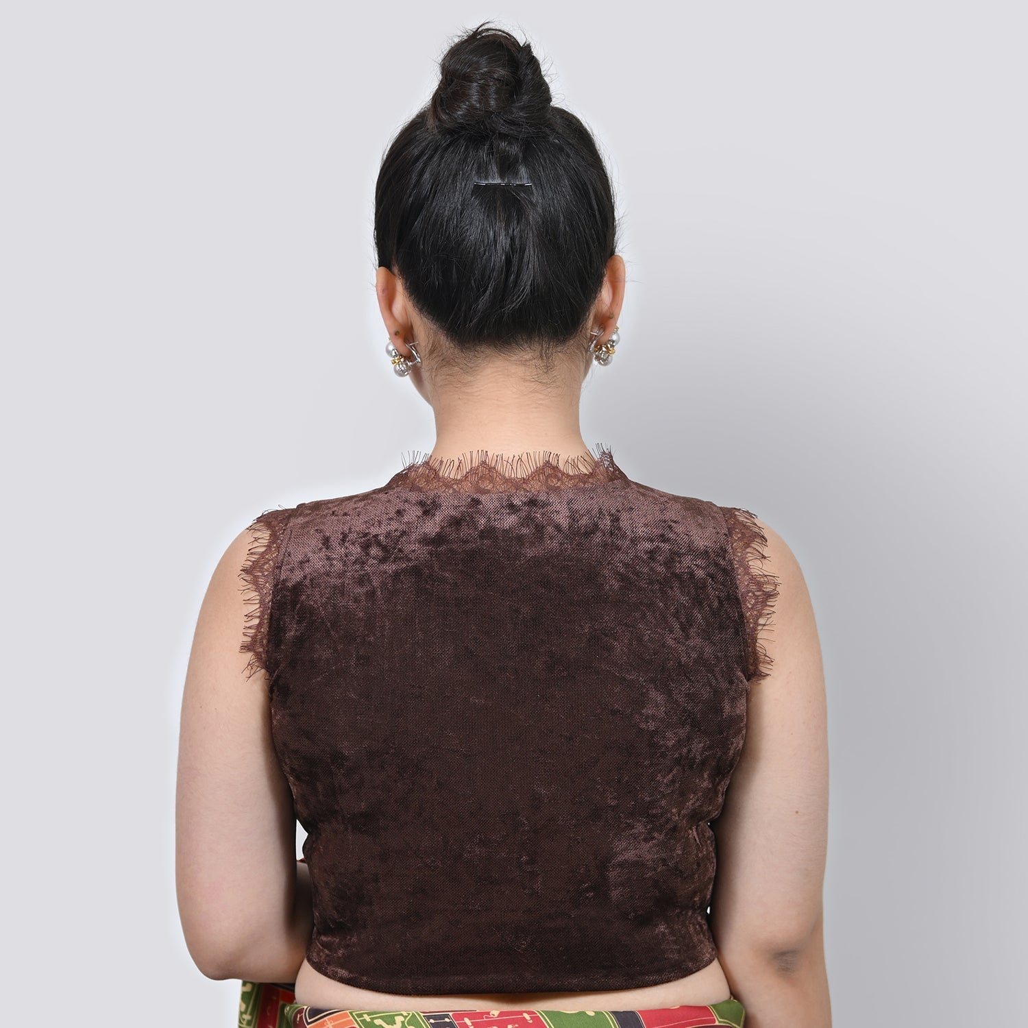 Brown Velvet V Neck Without Sleeves Blouse