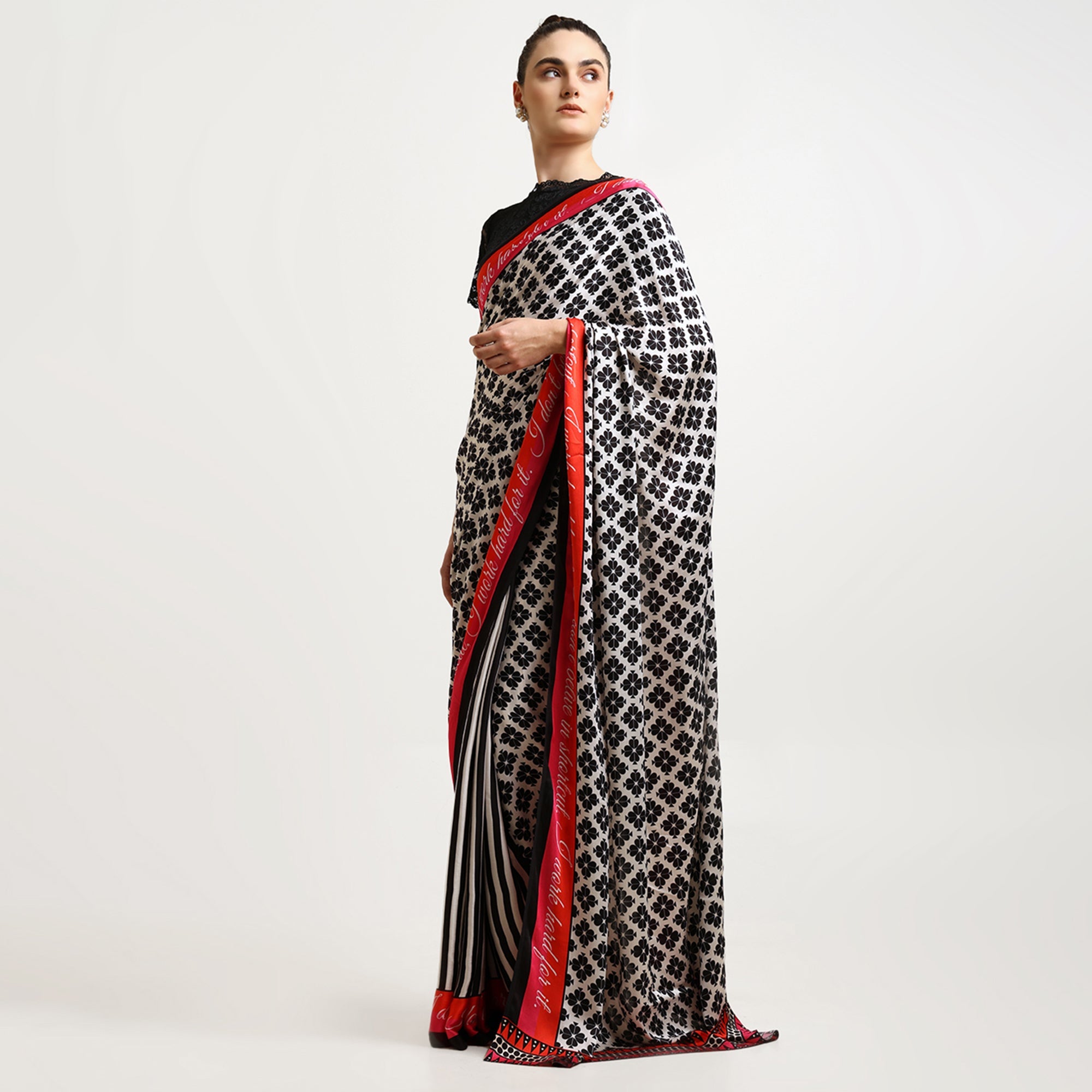 Black & White Quotation Modal Satin Saree