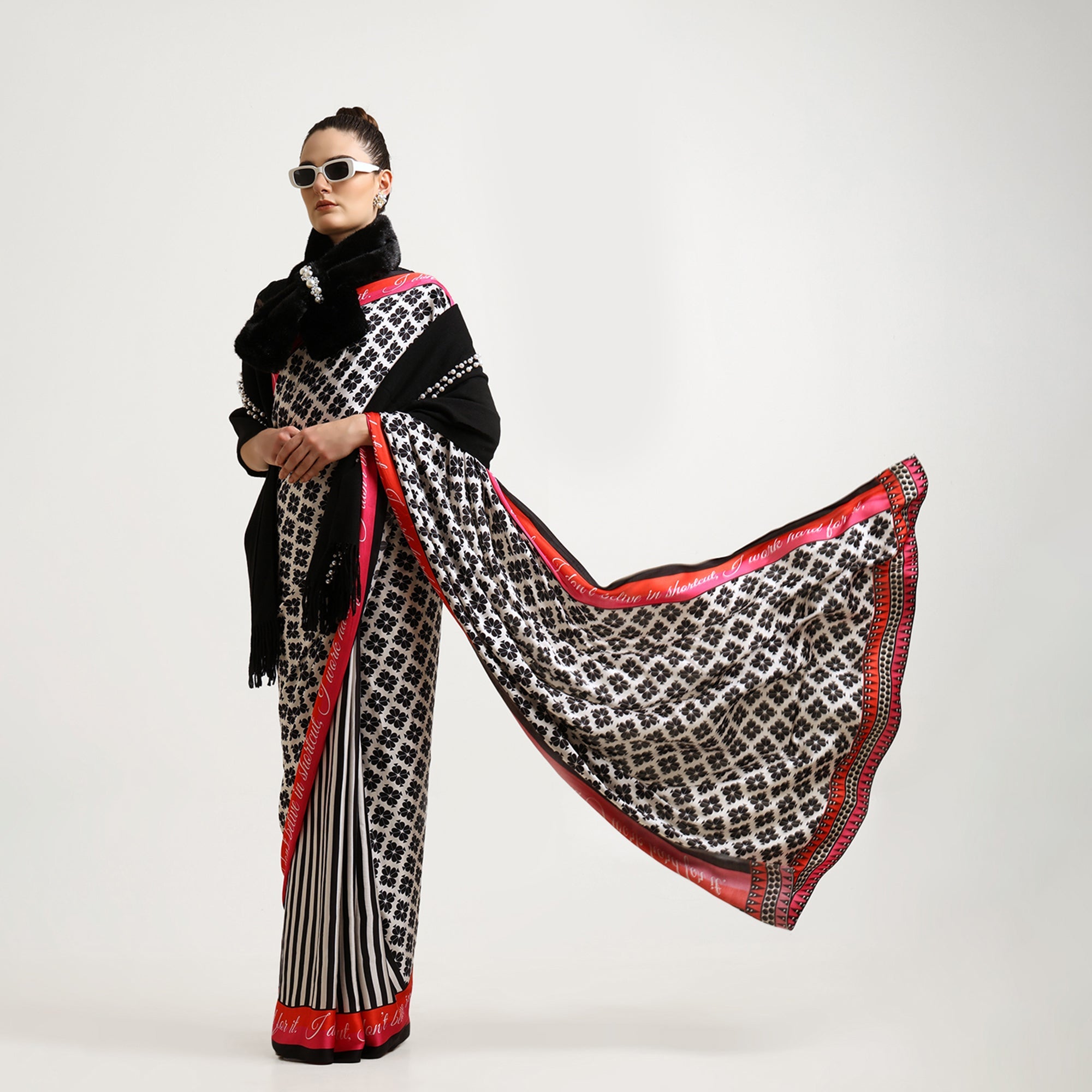 Black & White Quotation Modal Satin Saree