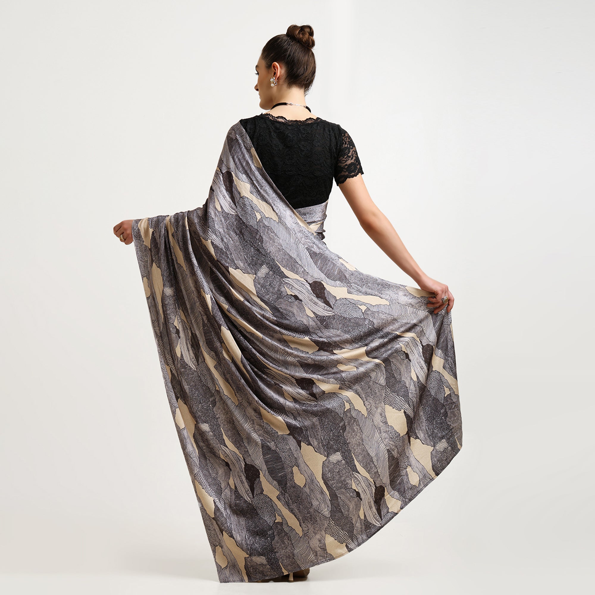 Black Abstract Satin Print Saree