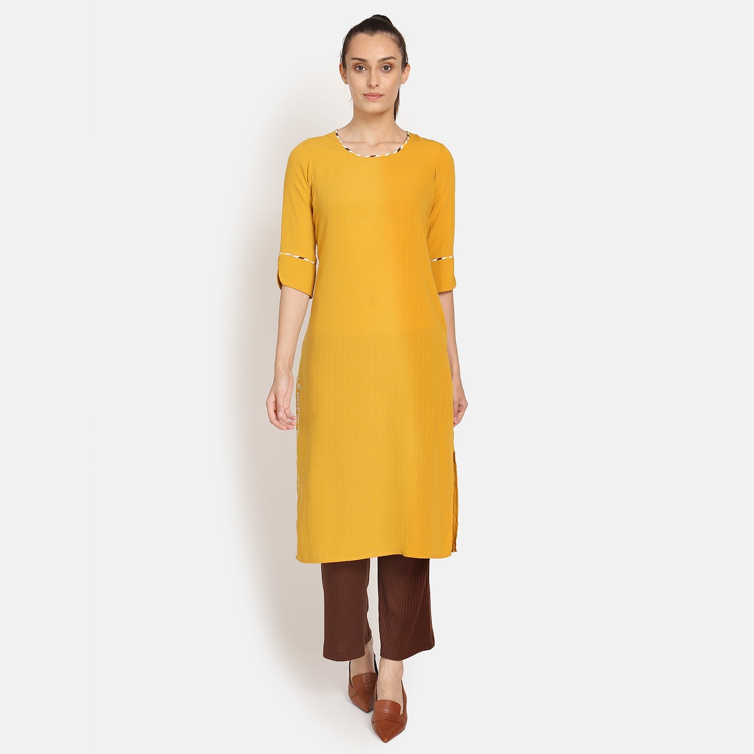 Yellow Round Neck Kurta for Women-3