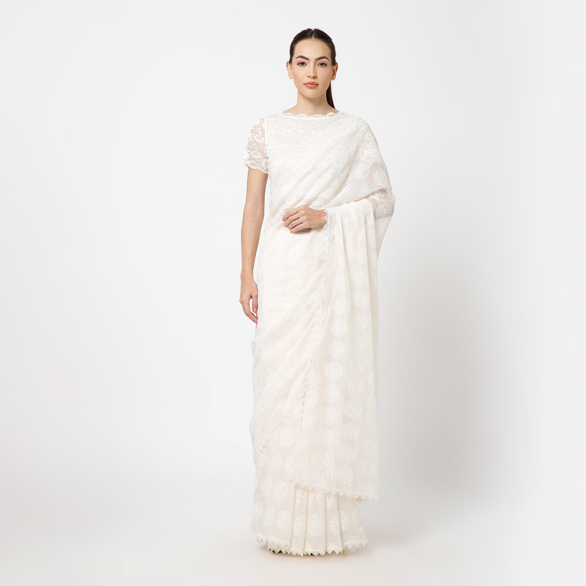 Off White Floral Embroidery Saree-2