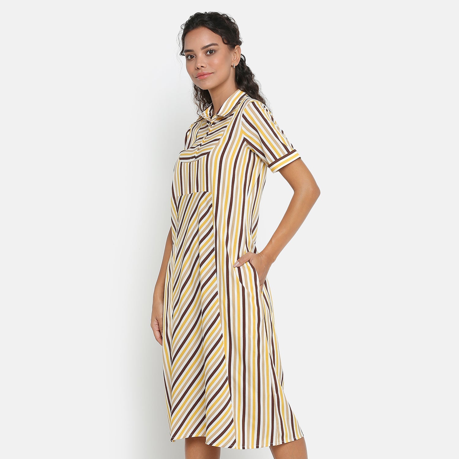 Yellow & Brown Stripe Short Dresses for Women-3