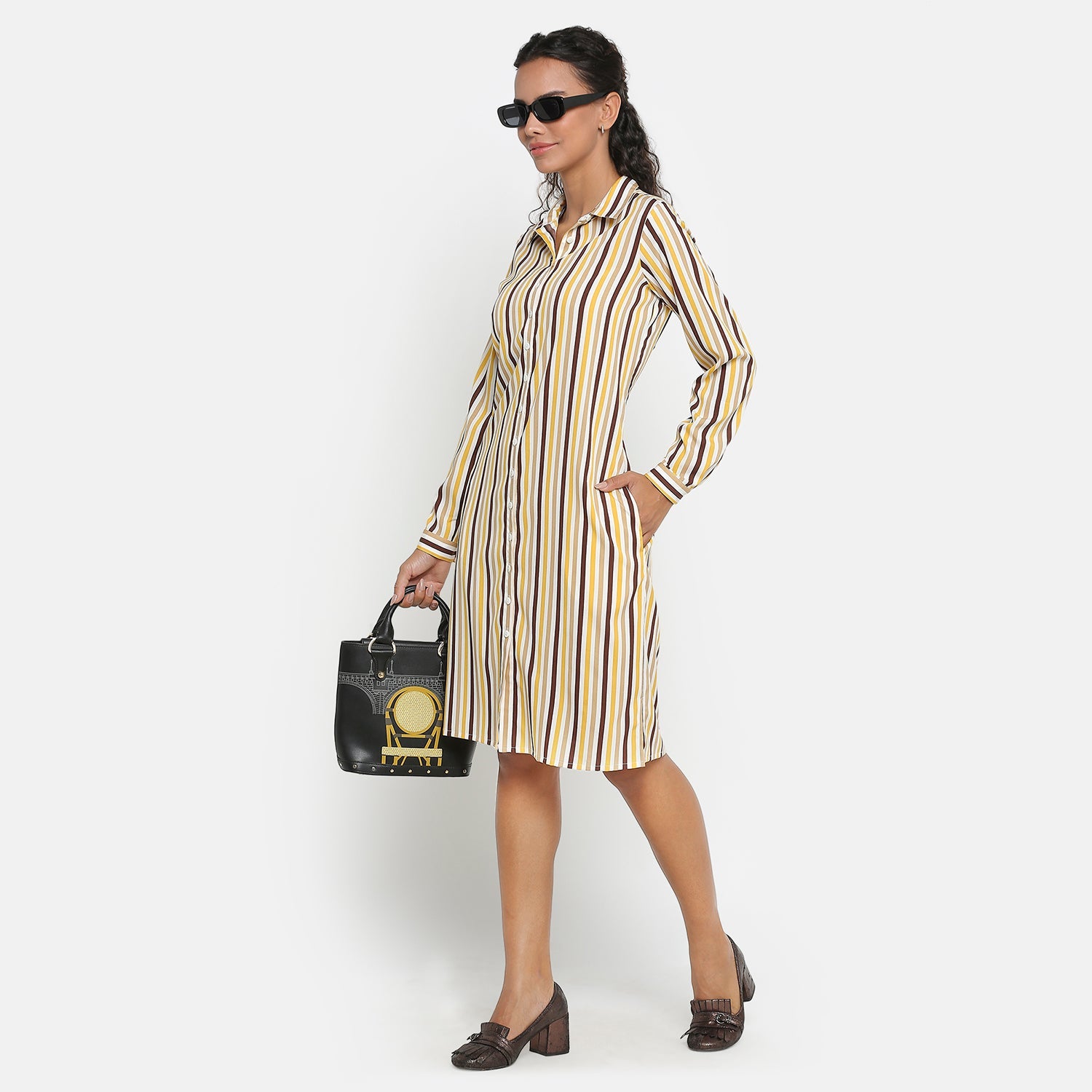 Yellow & Brown Stripe Tunic for Women-6