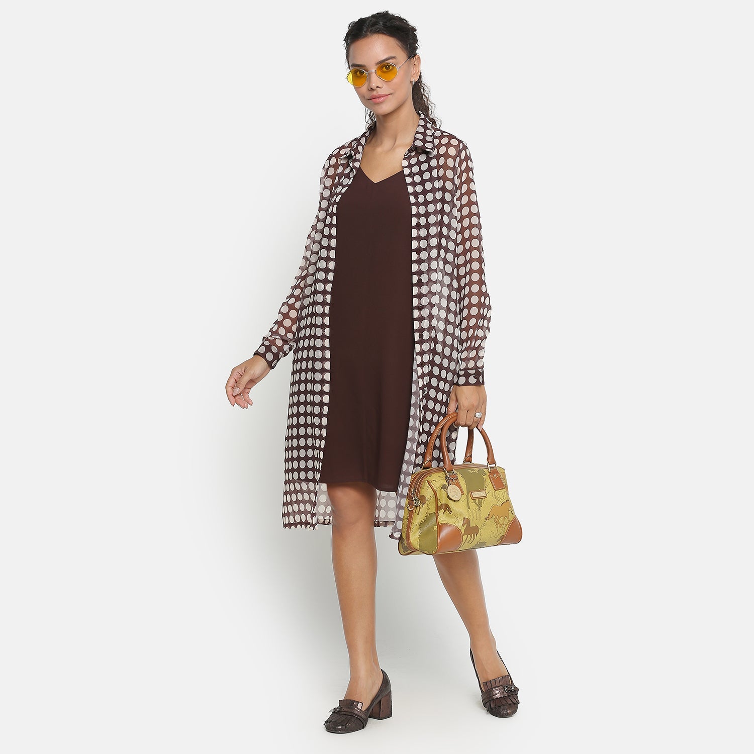 Brown Georgette Polka Dot Long Tunic for Women-5