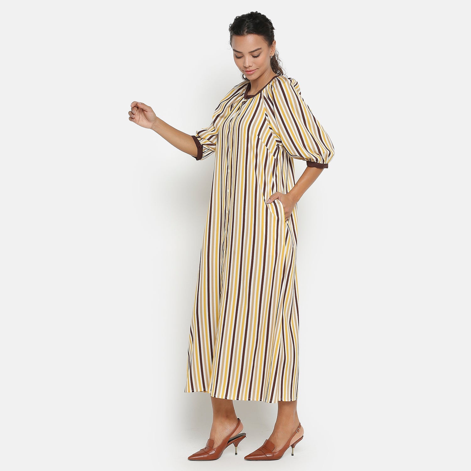 Yellow & Brown Stripe Dress With Puff Sleeves