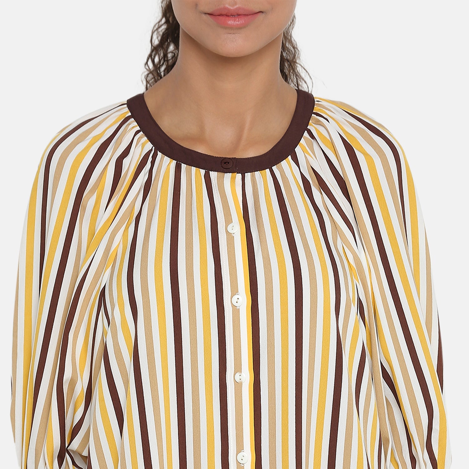 Yellow & Brown Stripe Dress With Puff Sleeves