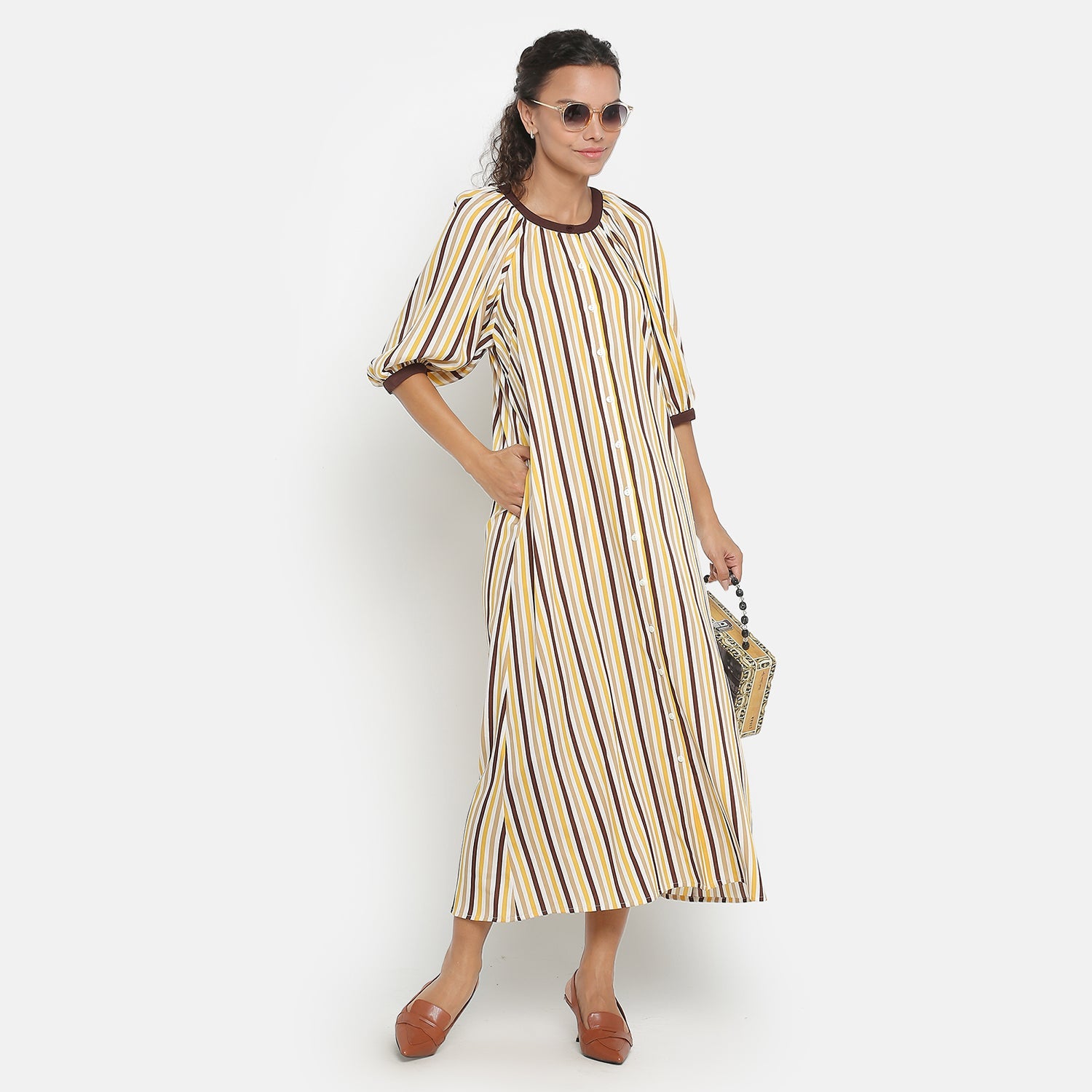 Yellow & Brown Stripe Dress With Puff Sleeves