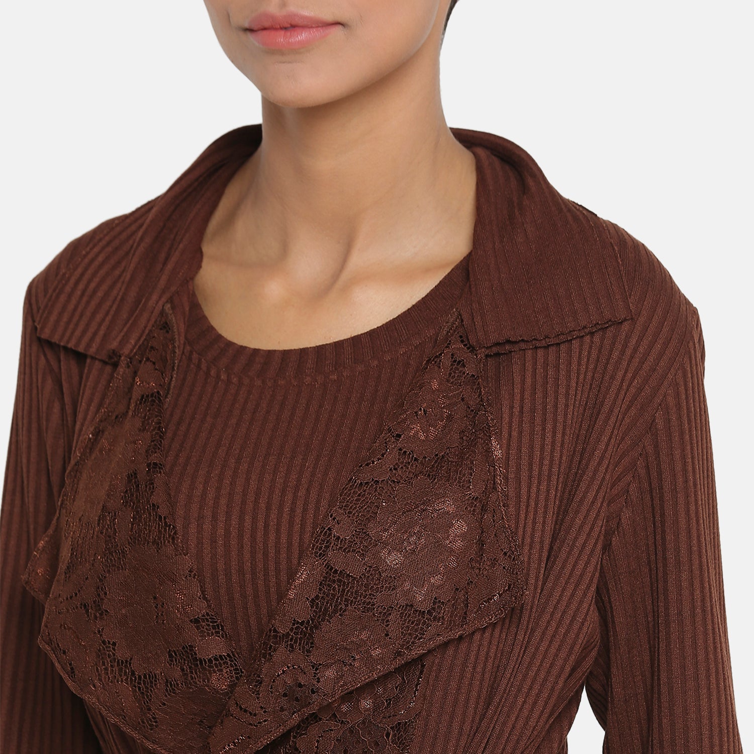 Brown Ribbed Long Shrug for Women-5
