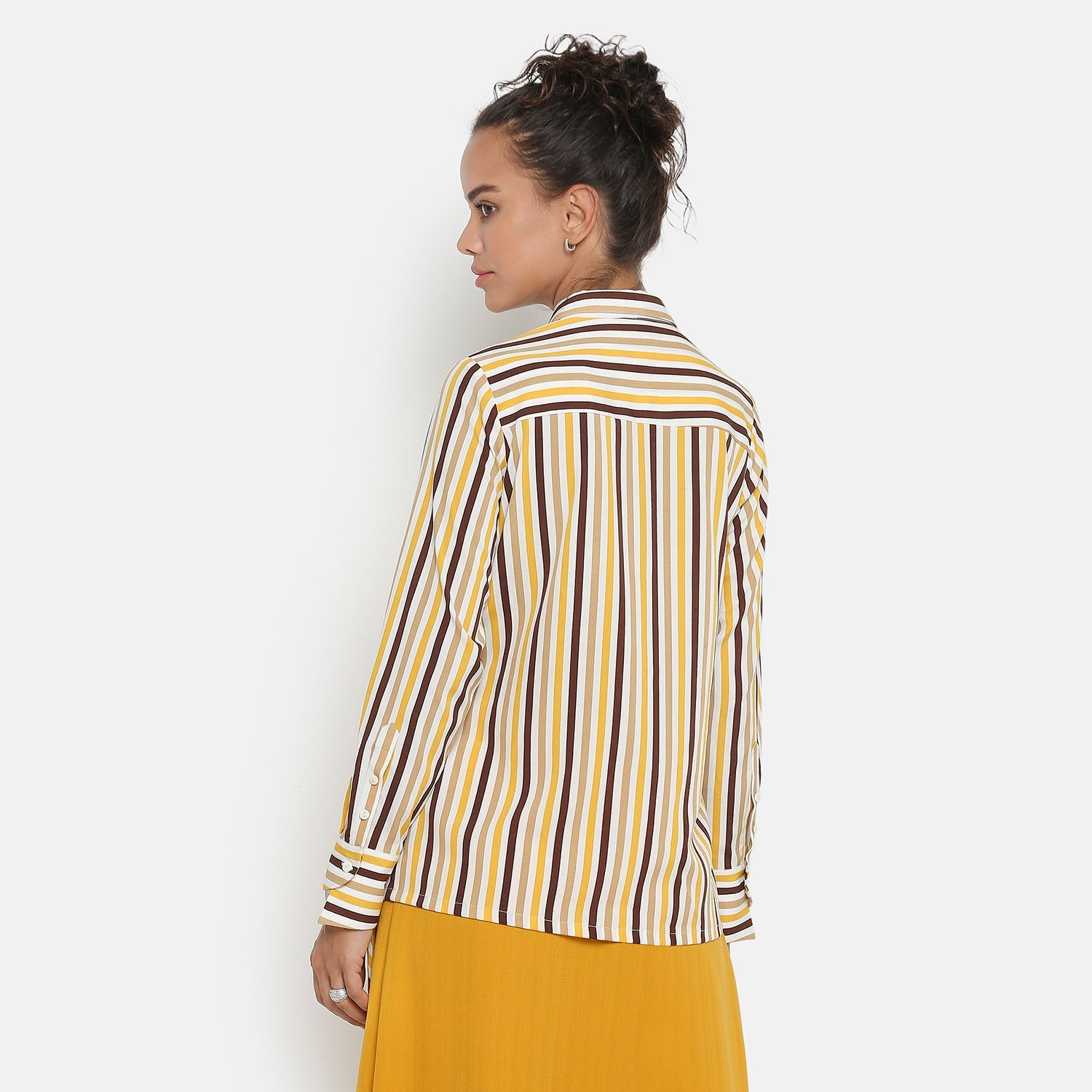 Yellow & Brown Stripe Shirt With Asymmetric Cuff