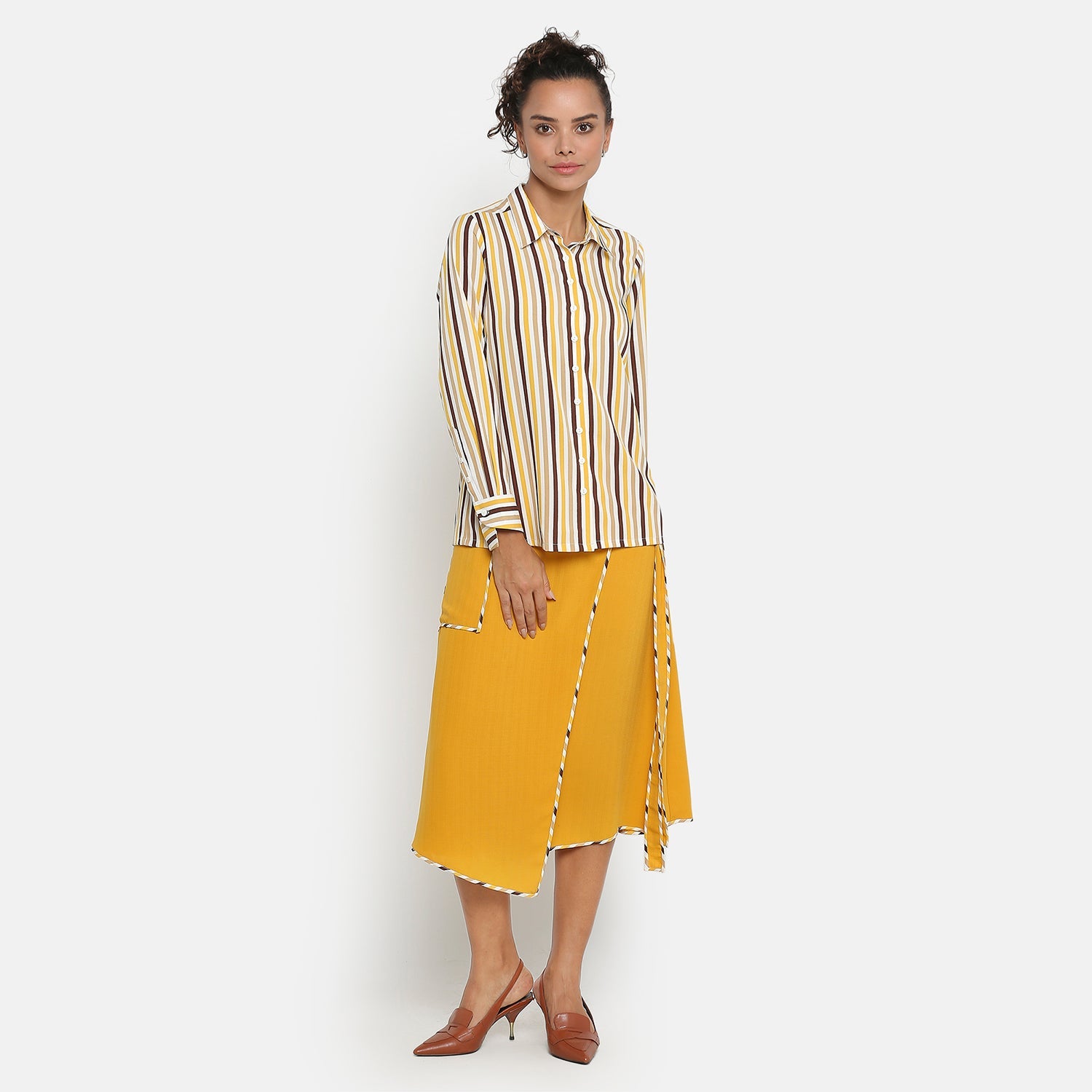 Yellow & Brown Stripe Shirt With Asymmetric Cuff